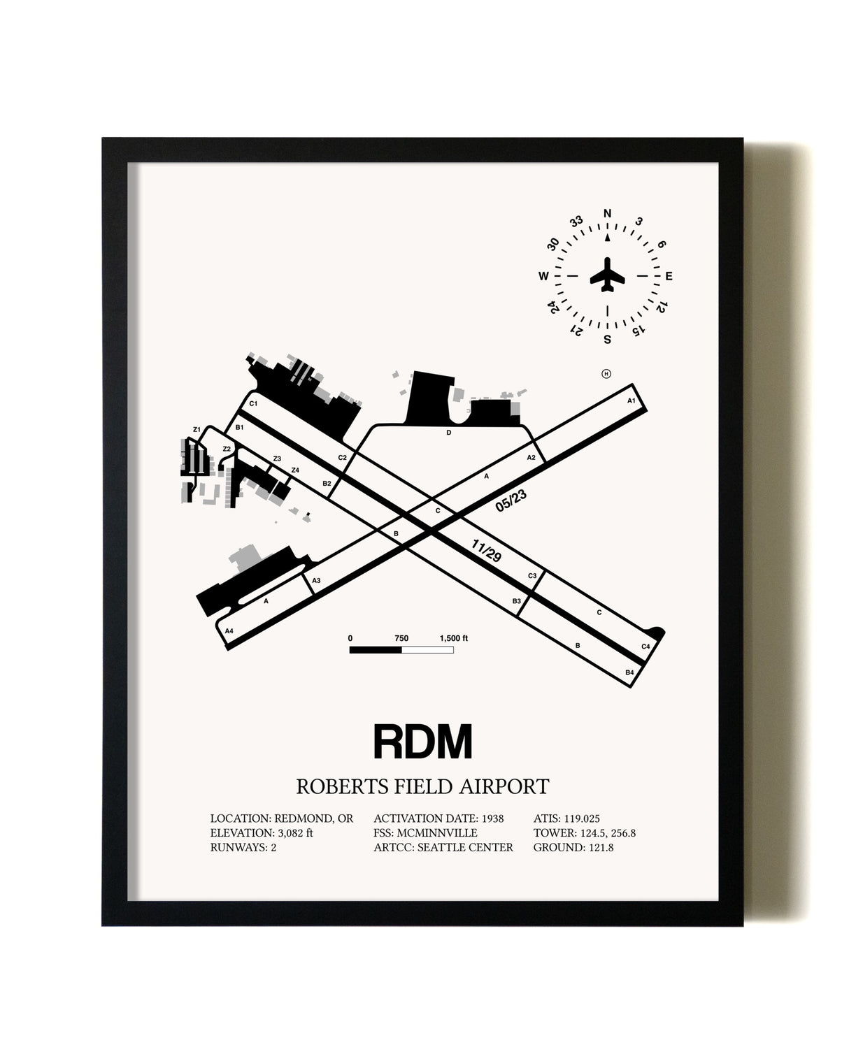 Framed Roberts Field Airport wall art poster in black frame