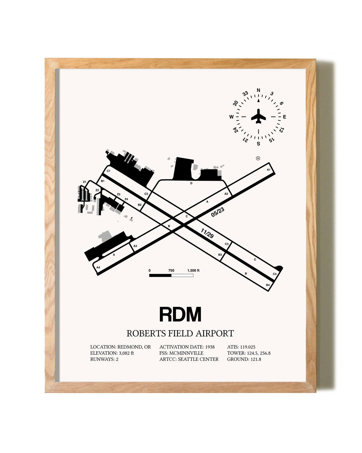 Roberts Field Airport framed print in natural wood frame