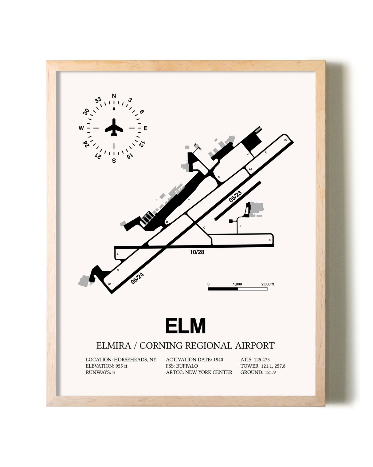 Elmira / Corning Regional Airport framed wall art in white frame