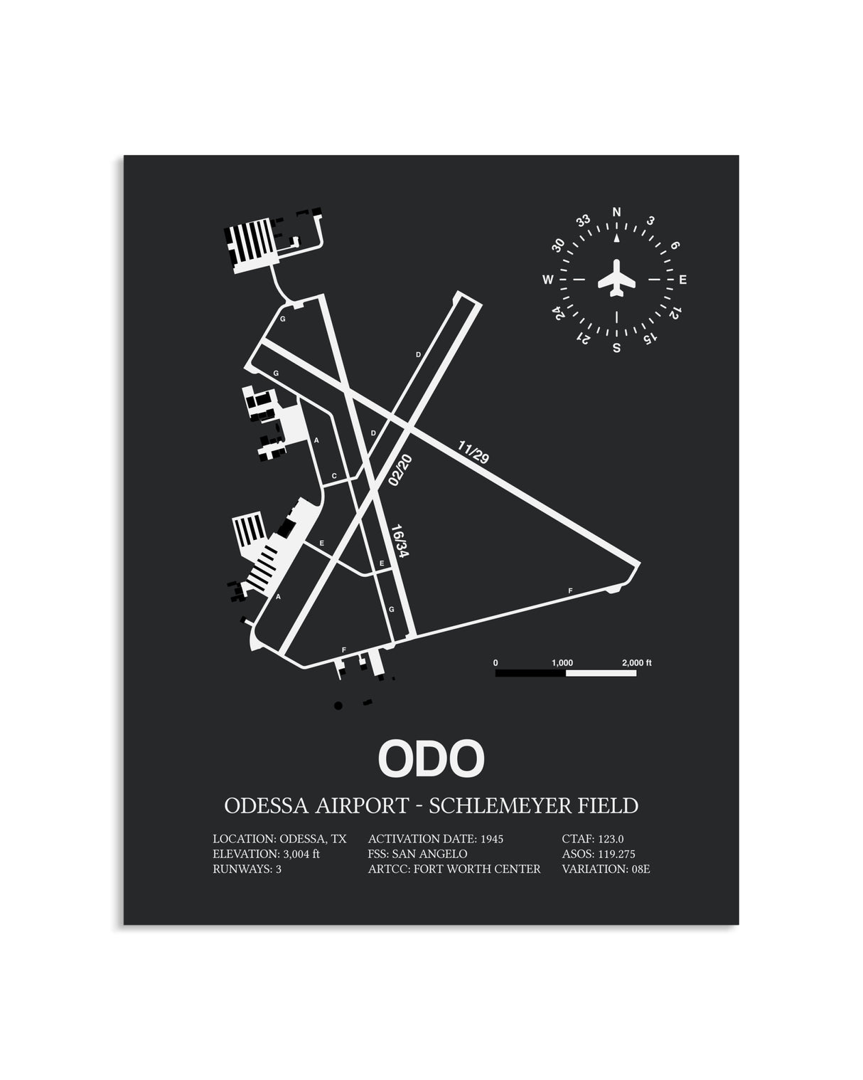 Gray Framed Odessa Airport-Schlemeyer Field layout wall art poster