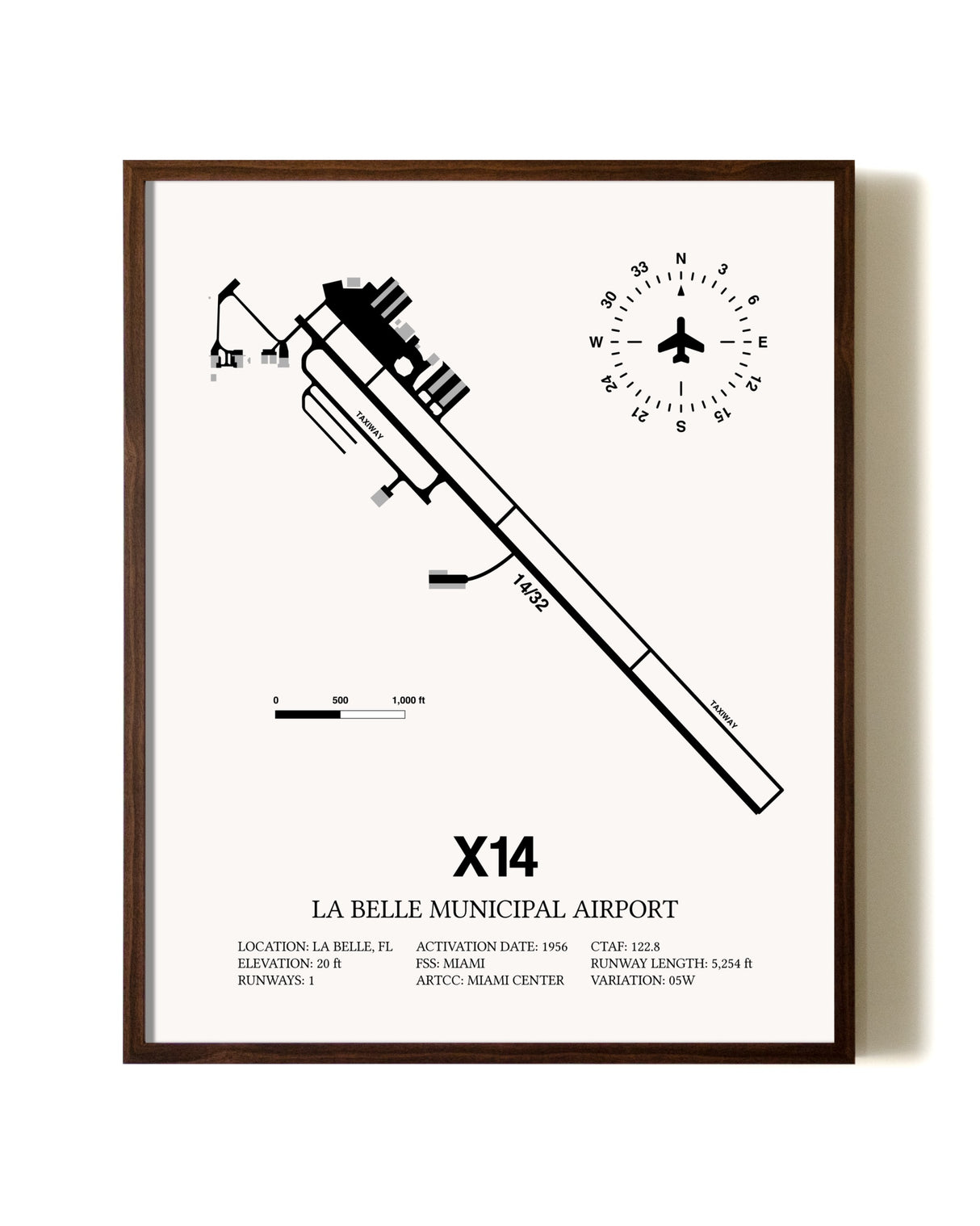 La Belle Municipal Airport aviation print in walnut frame