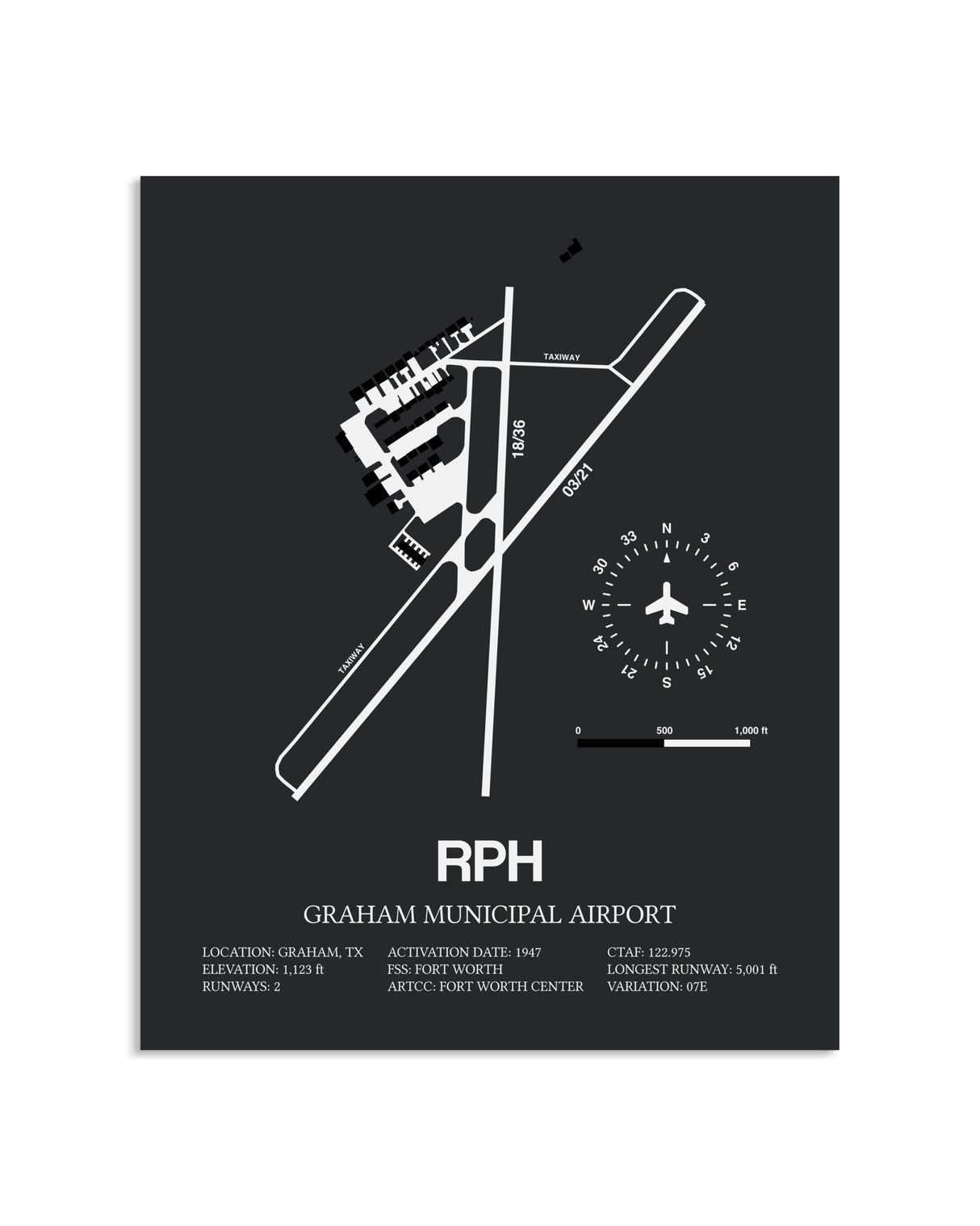 Gray Framed Graham Municipal Airport layout wall art poster