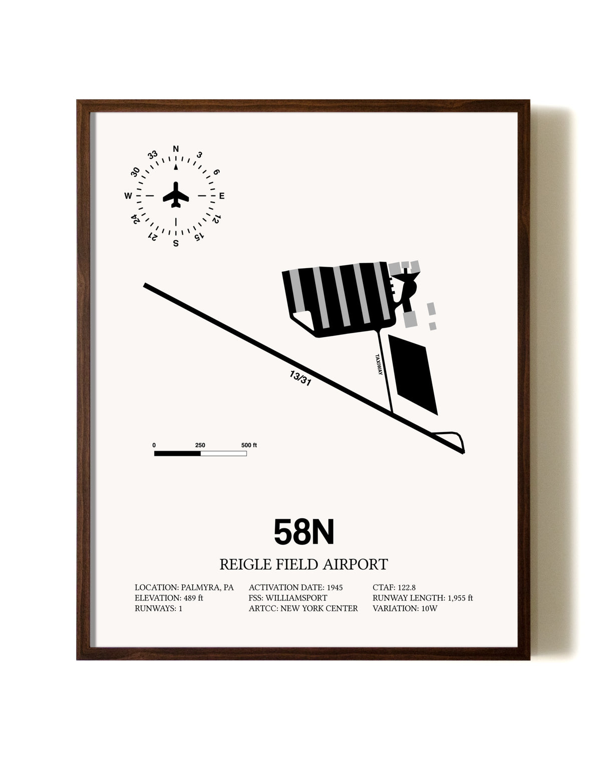 Reigle Field Airport aviation print in walnut frame
