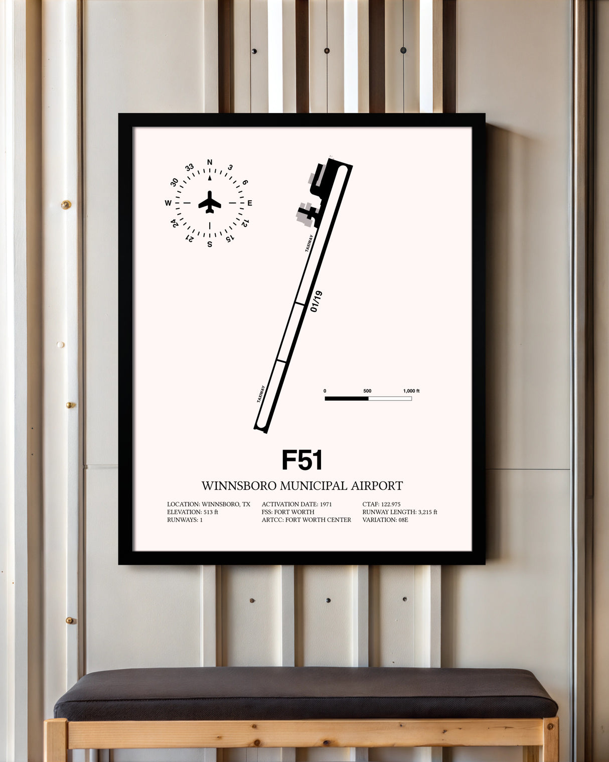 Winnsboro Municipal Airport framed poster displayed in an airplane hangar