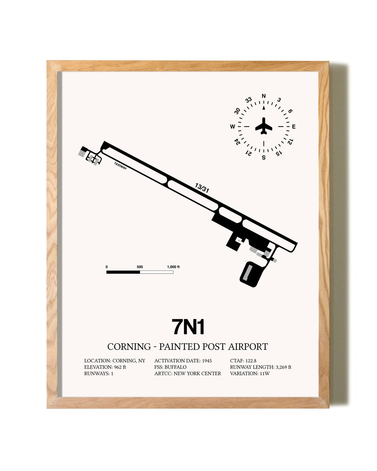 Corning - Painted Post Airport framed print in natural wood frame