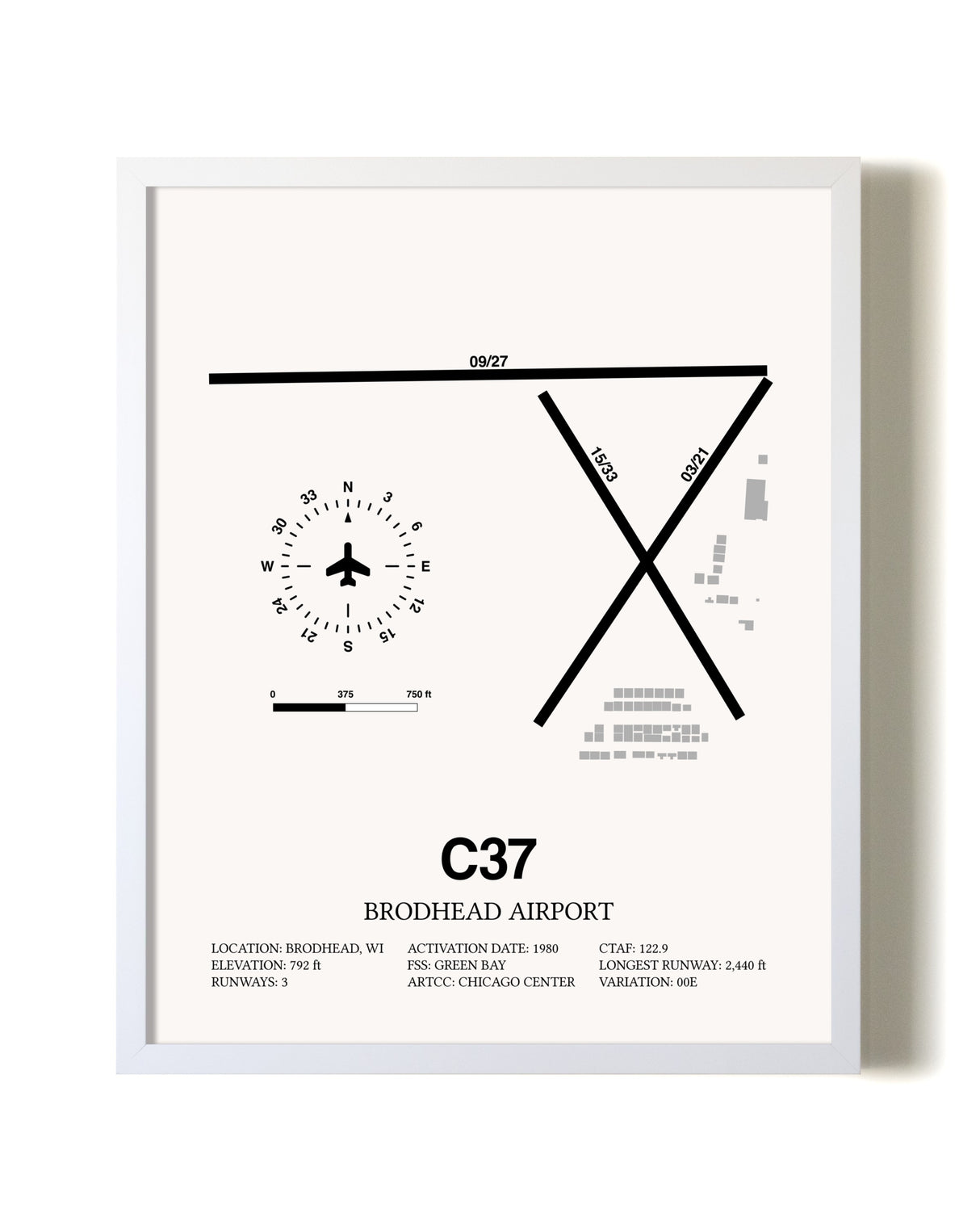 Brodhead Airport airport map poster in oak frame