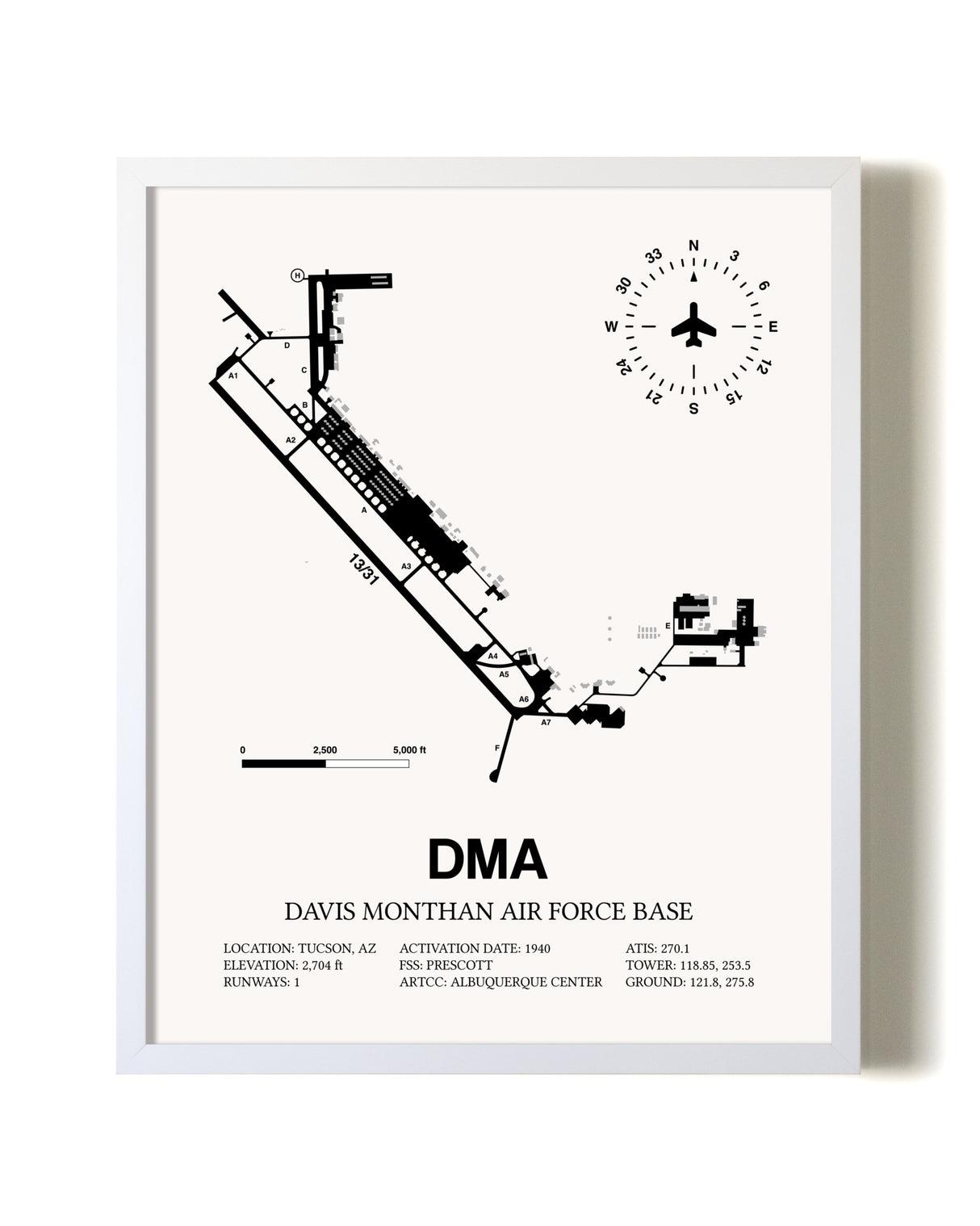 Davis Monthan Air Force Base airport map poster in oak frame