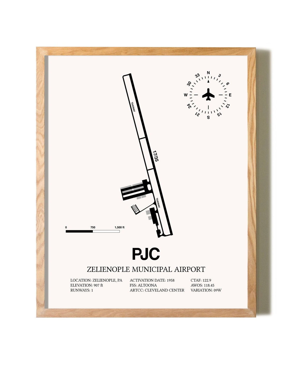 Zelienople Municipal Airport framed print in natural wood frame