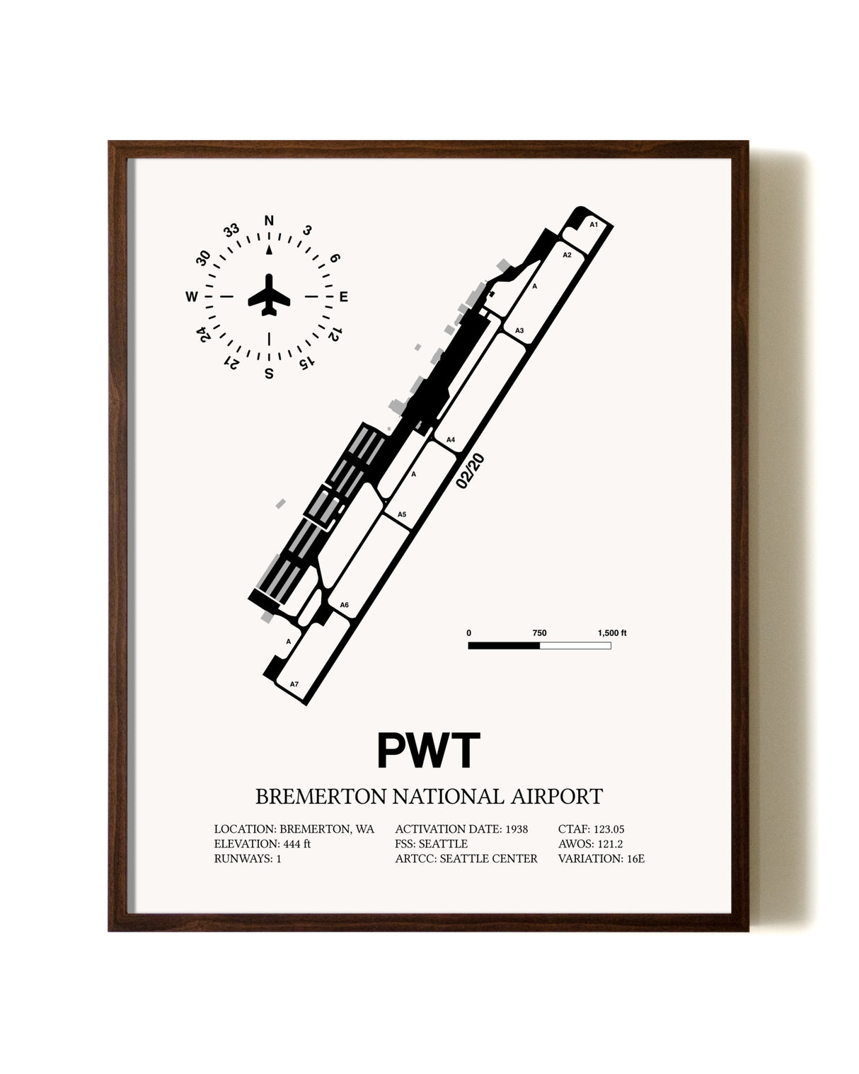 Bremerton National Airport aviation print in walnut frame