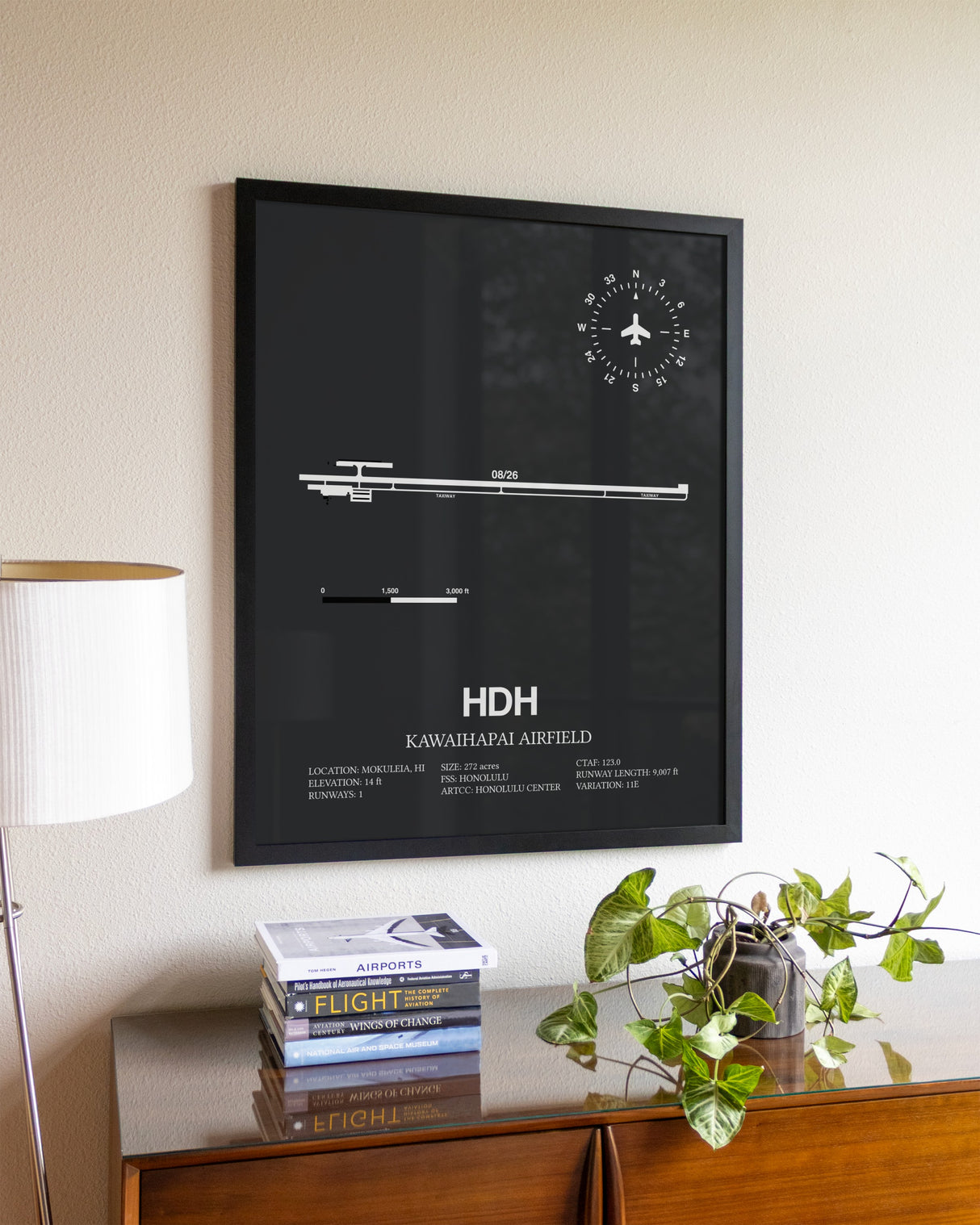 Gray Framed Kawaihapai Airfield wall art poster in black frame