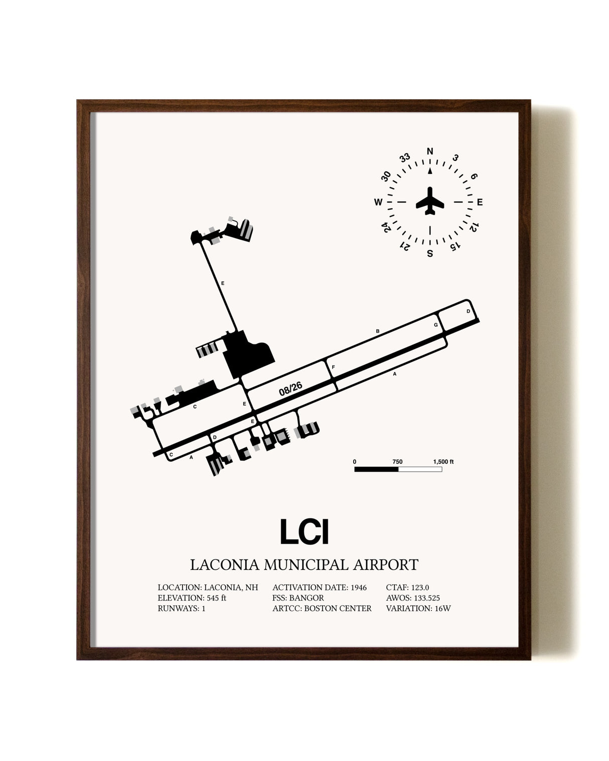 Laconia Municipal Airport aviation print in walnut frame