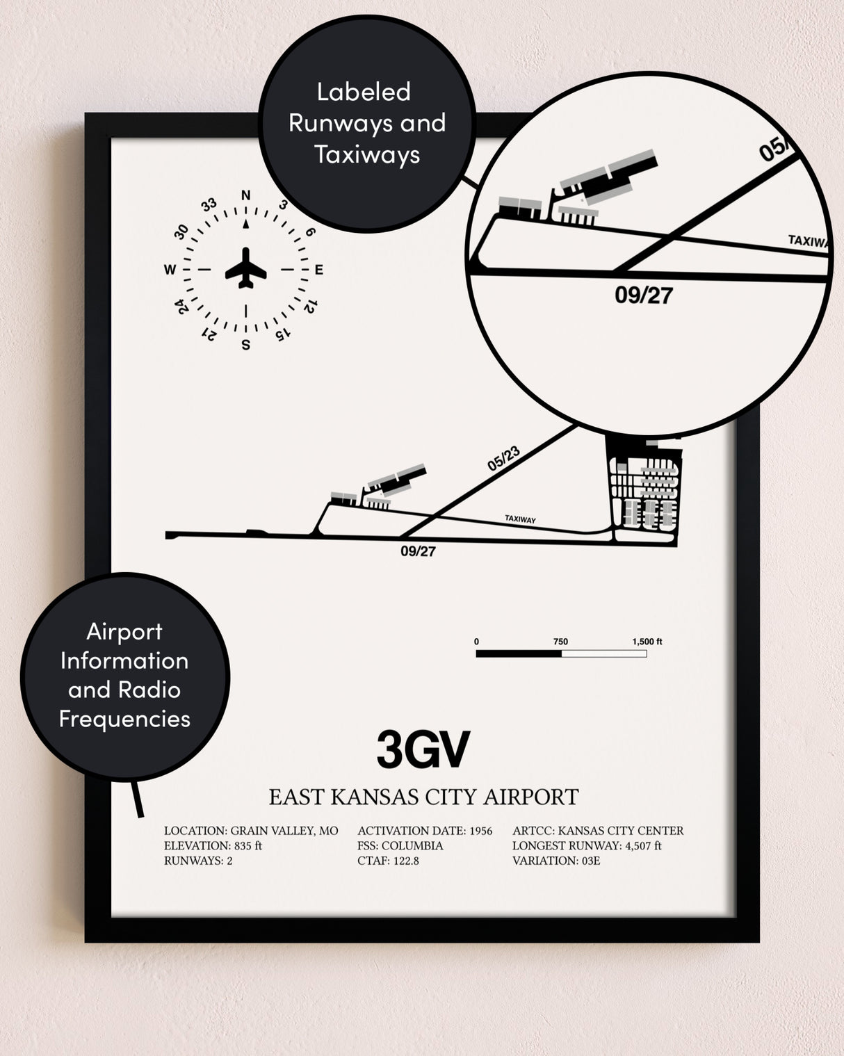 Framed East Kansas City Airport layout wall art poster