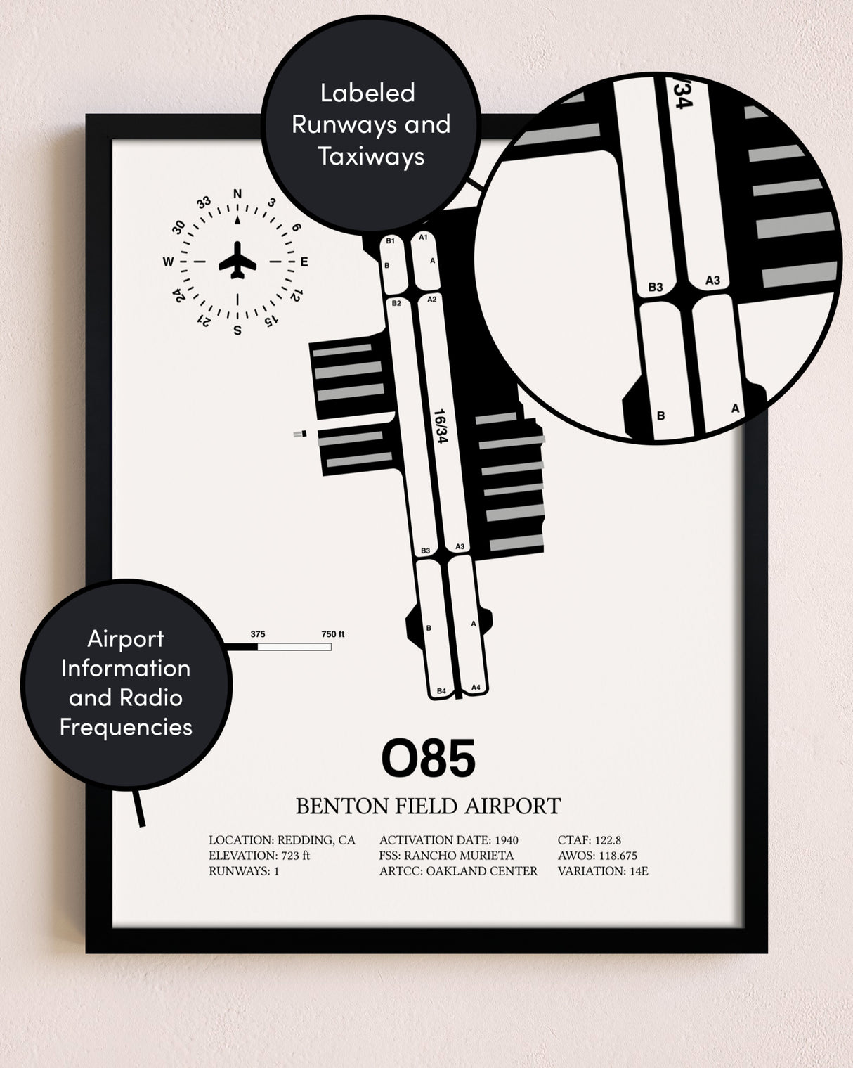 Framed Benton Field Airport layout wall art poster