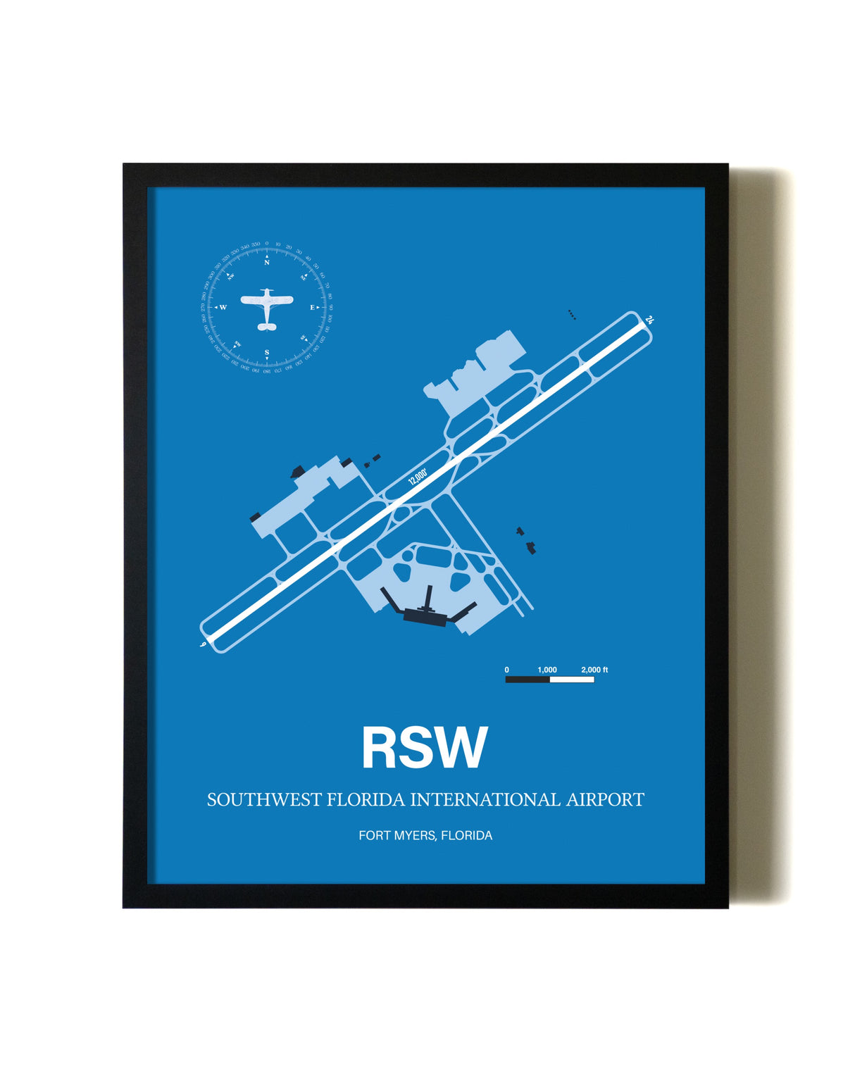 Sky Blue Southwest Florida International Airport aviation wall décor in black wood frame
