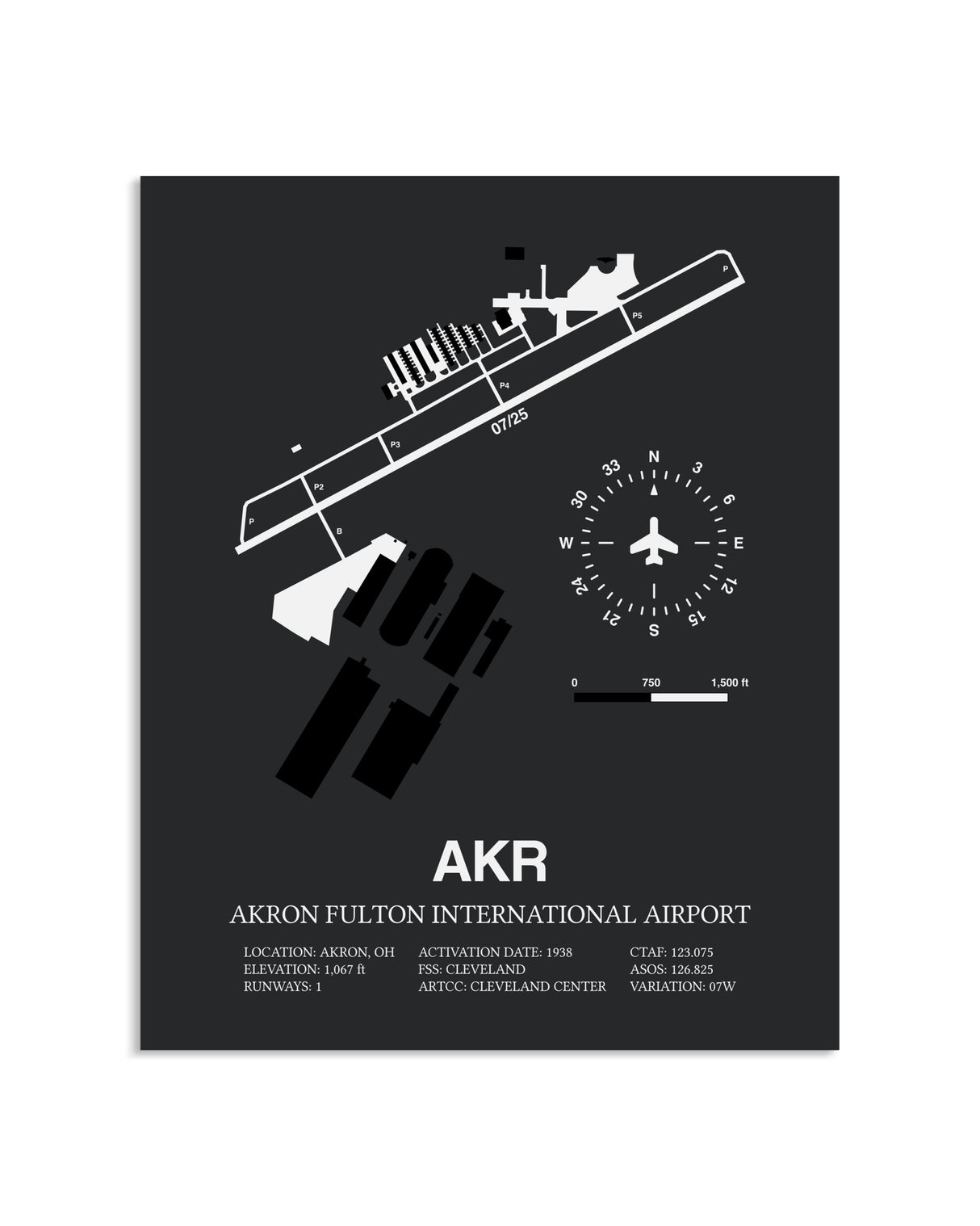 Gray Framed Akron Fulton International Airport layout wall art poster