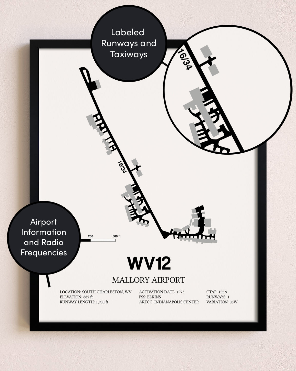 Framed Mallory Airport layout wall art poster