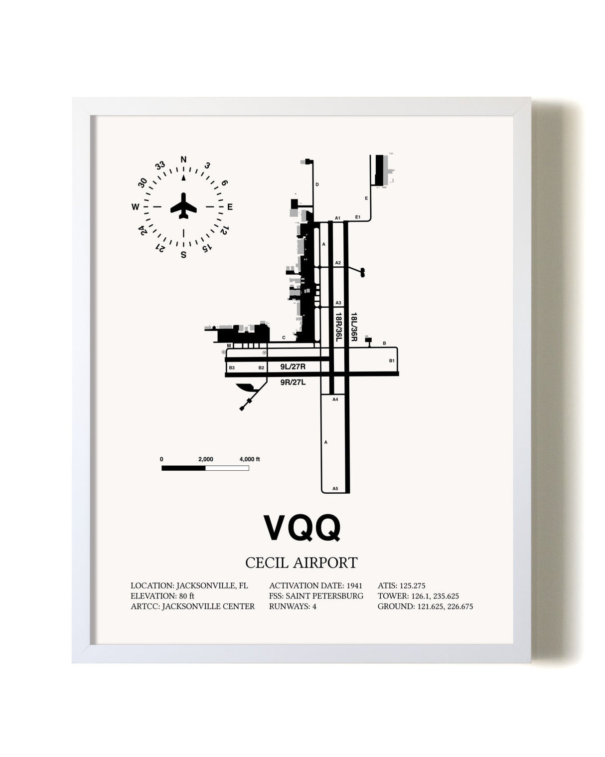 Cecil Airport airport map poster in oak frame