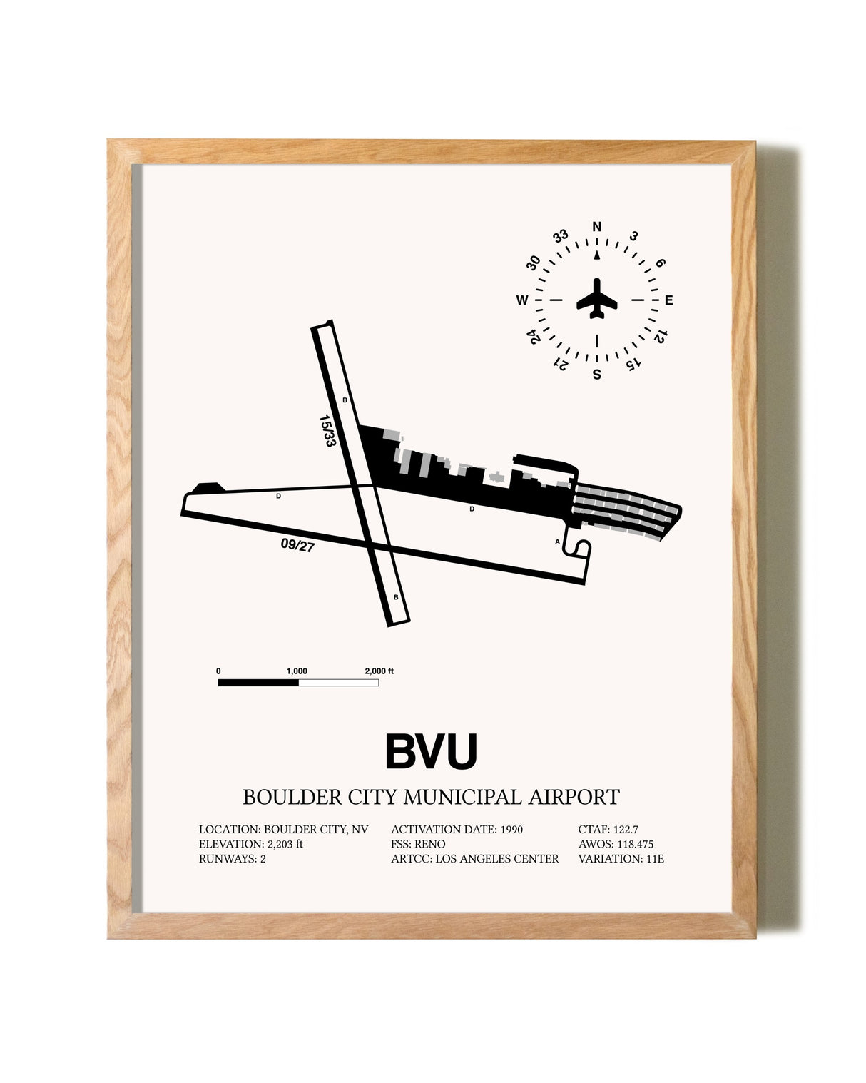 Boulder City Municipal Airport framed print in natural wood frame