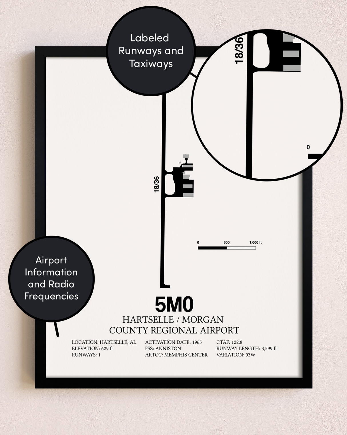 Framed Hartselle / Morgan County Regional Airport layout wall art poster