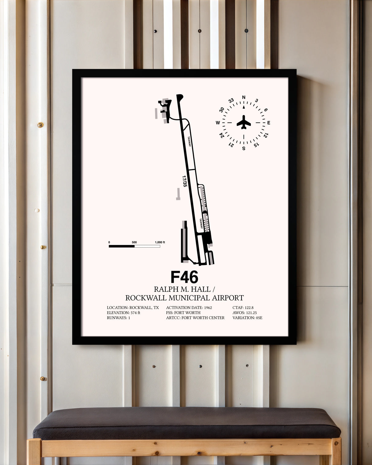 Ralph M. Hall / Rockwall Municipal Airport framed poster displayed in an airplane hangar
