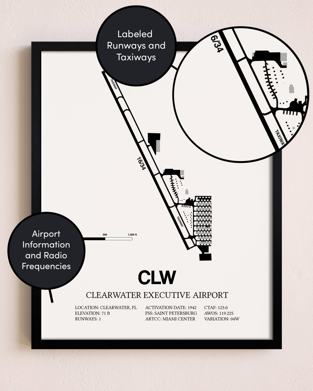 Framed Clearwater Executive Airport layout wall art poster