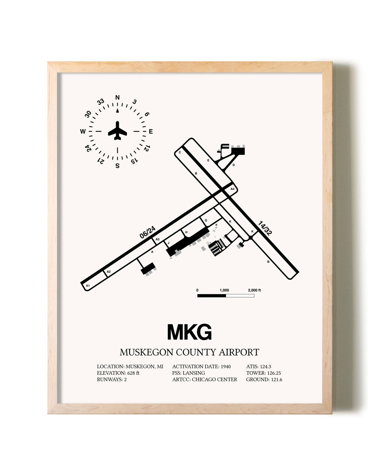 Muskegon County Airport framed wall art in white frame