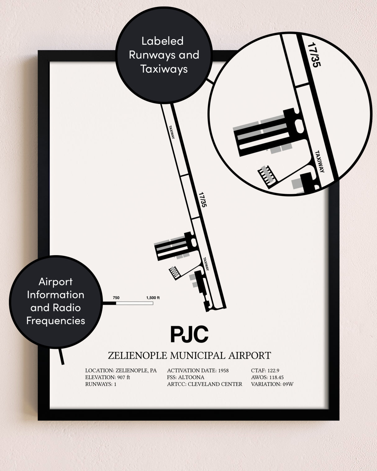 Framed Zelienople Municipal Airport layout wall art poster