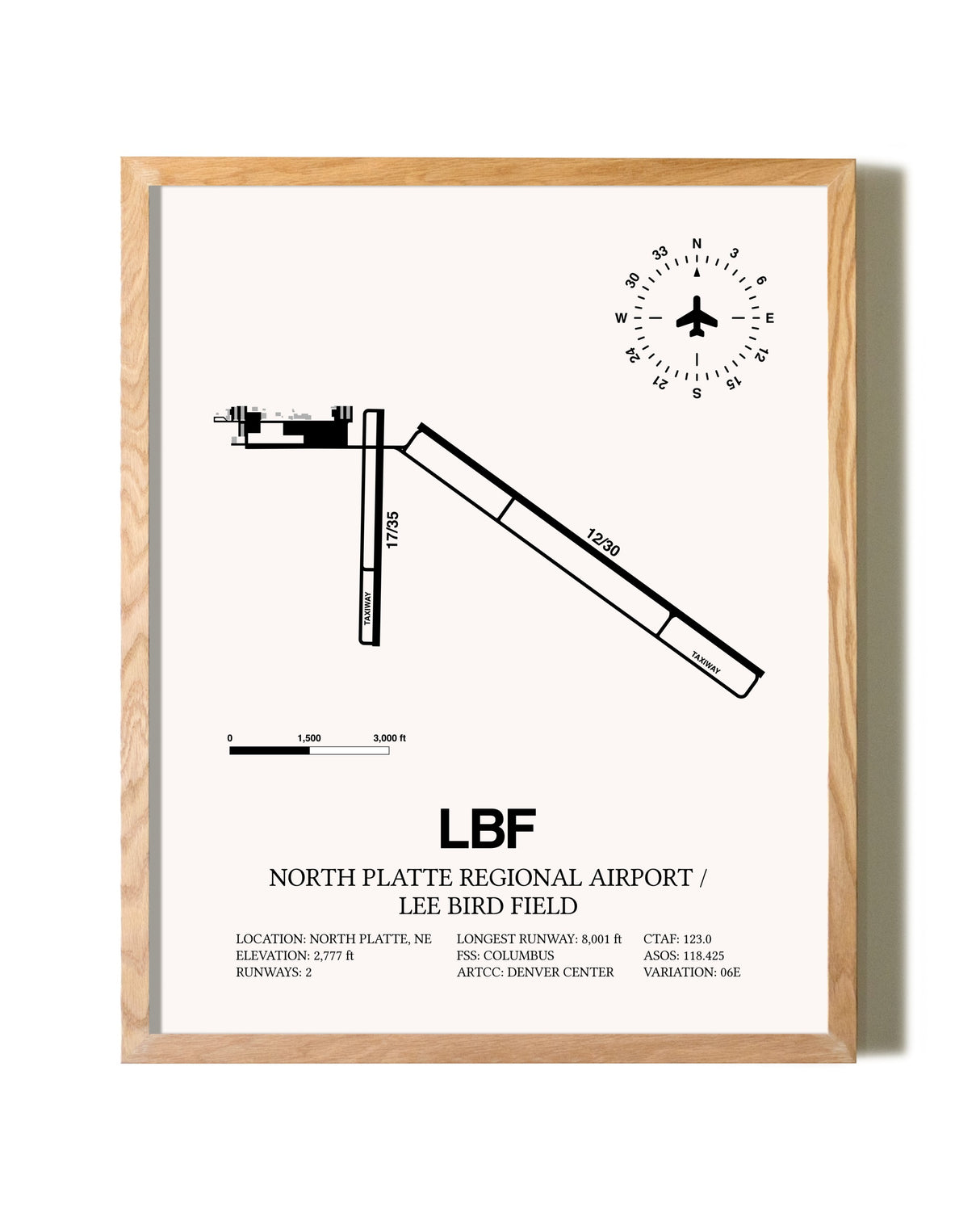 North Platte Regional Airport / Lee Bird Field framed print in natural wood frame
