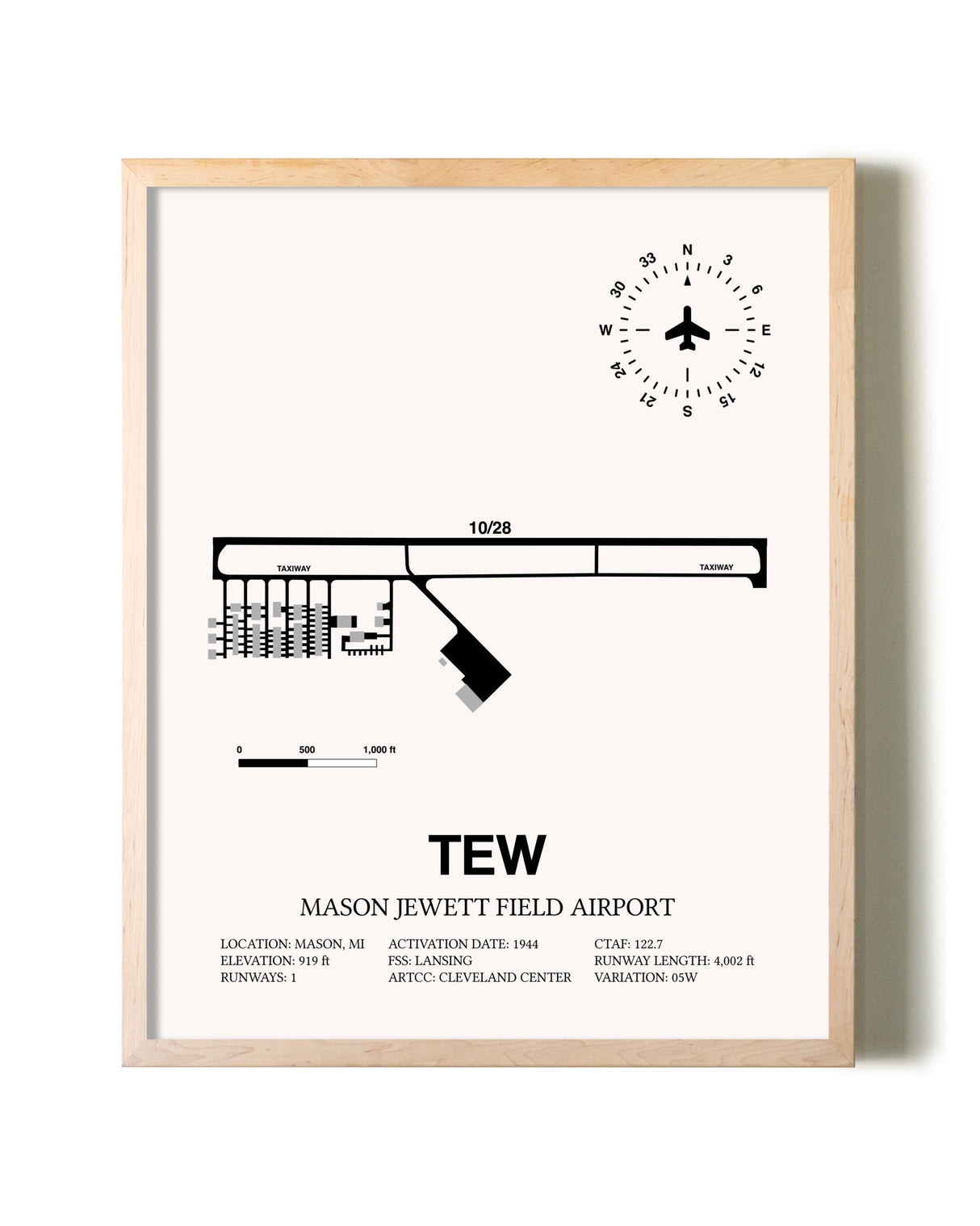 Mason Jewett Field Airport framed wall art in white frame