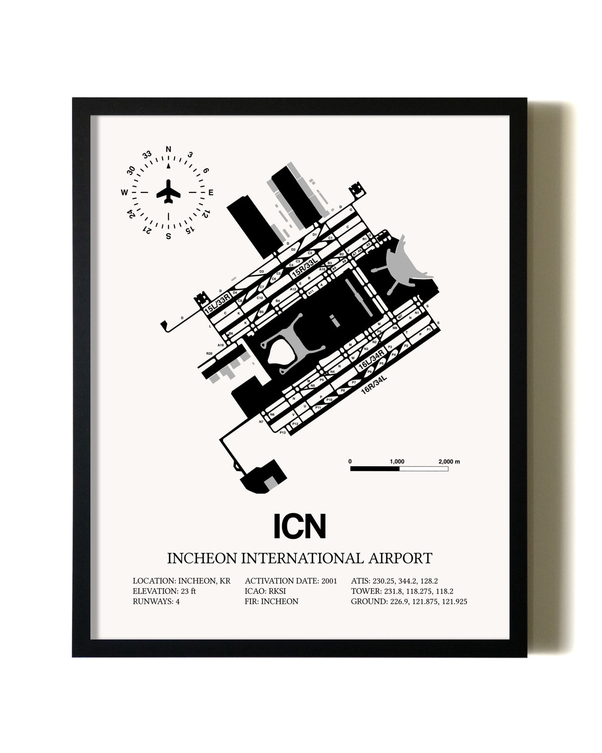 Framed Incheon International Airport wall art poster in black frame