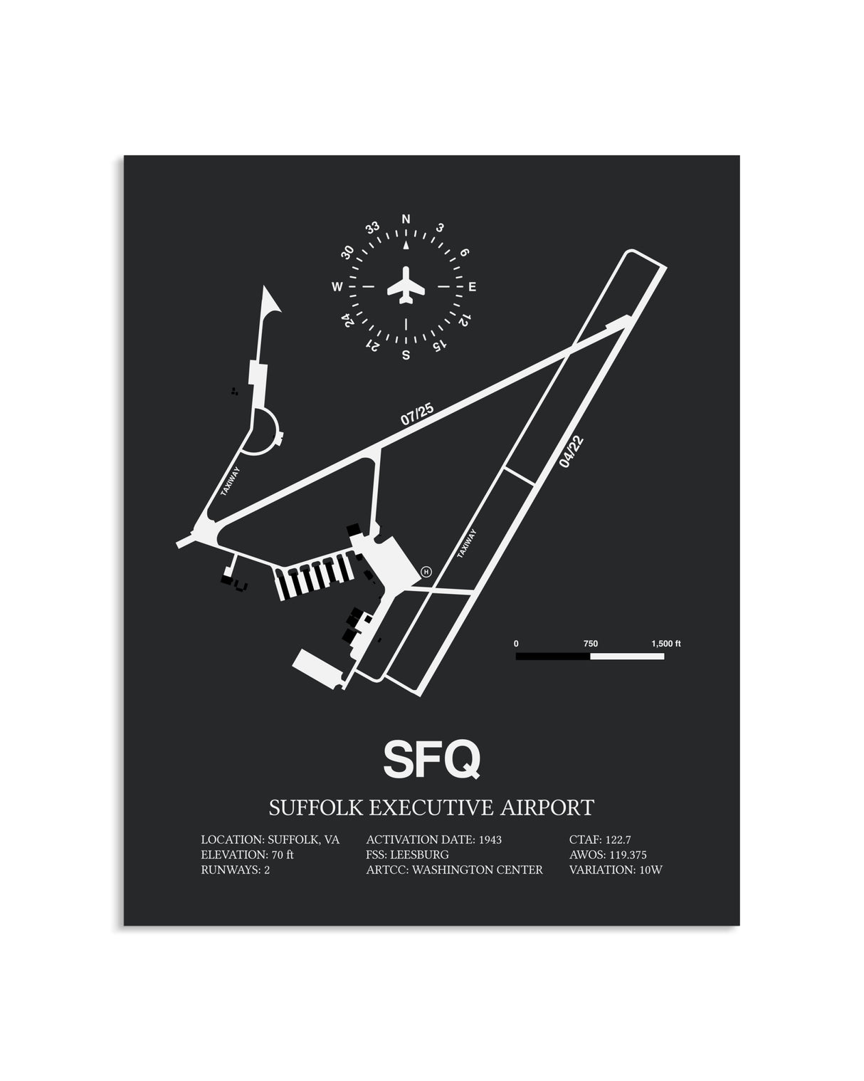 Gray Framed Suffolk Executive Airport layout wall art poster