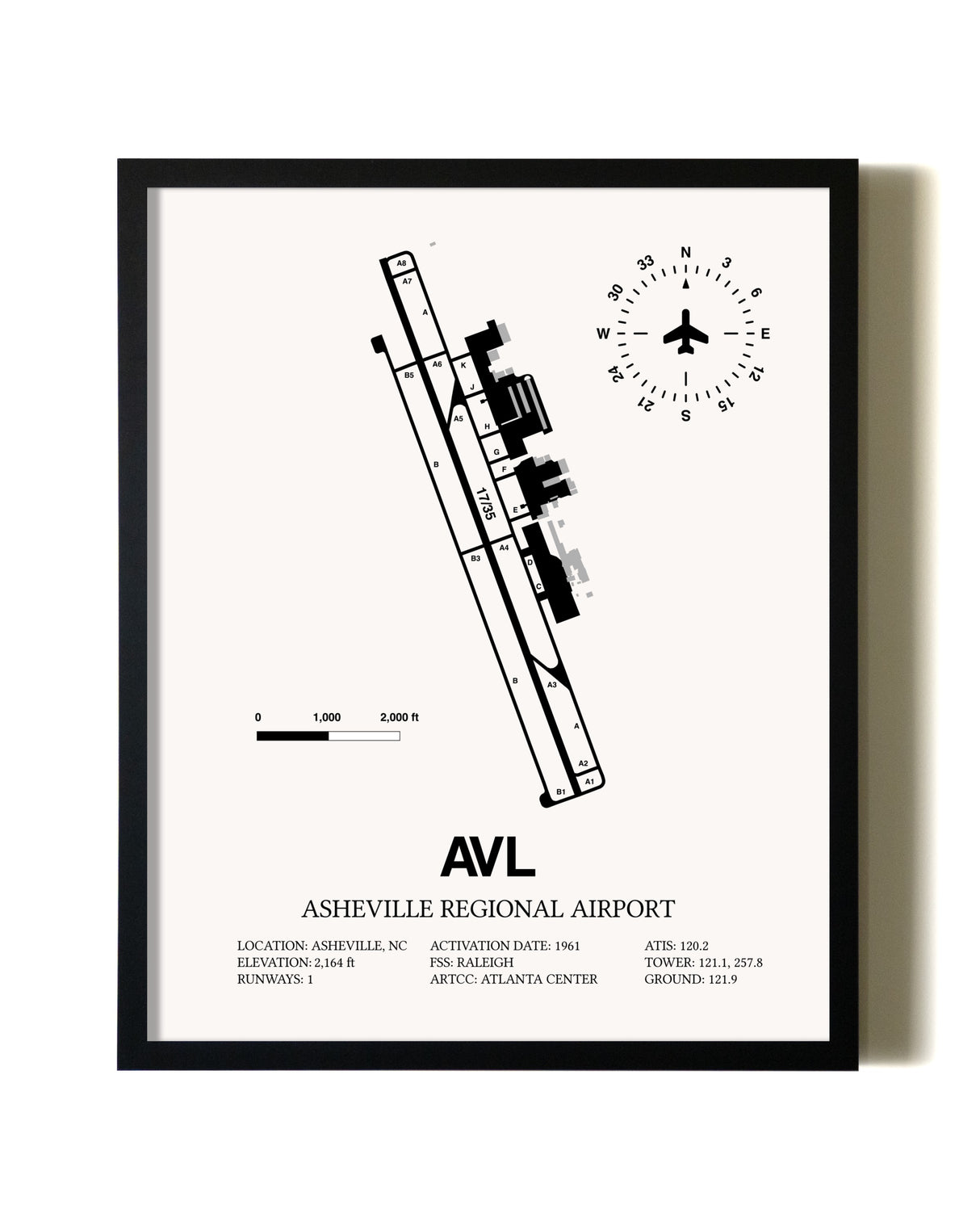 Framed Asheville Regional Airport wall art poster in black frame