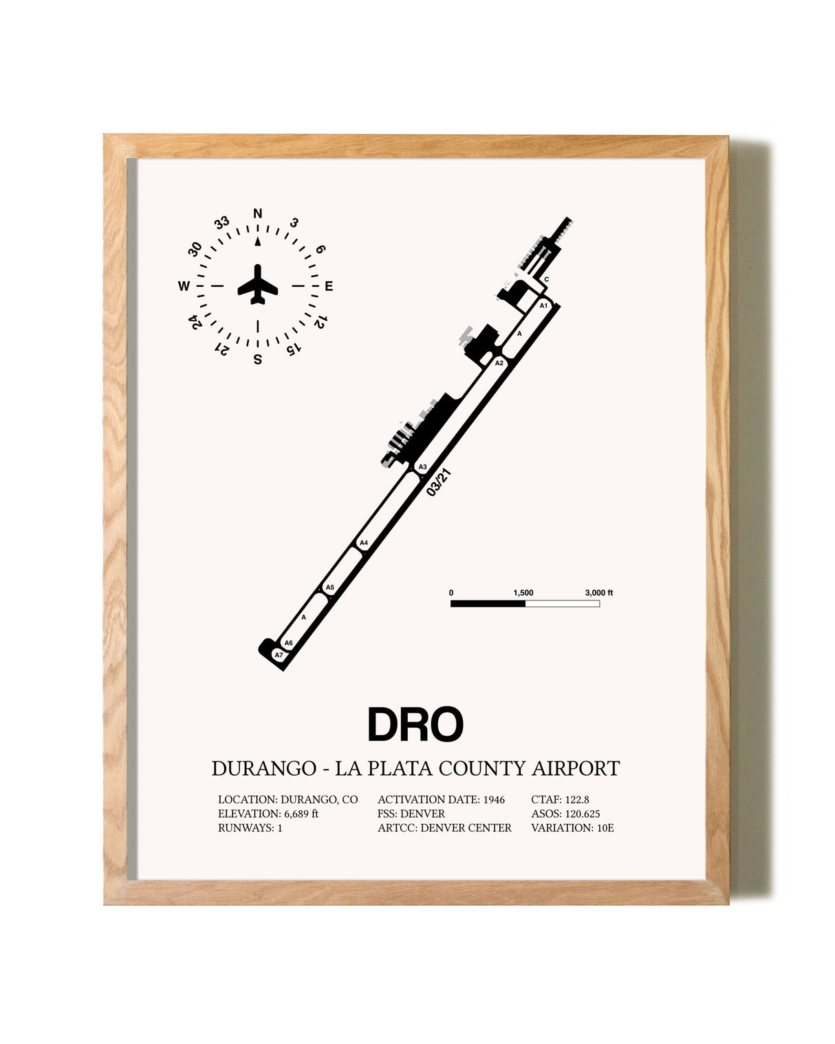 Durango-La Plata County Airport framed print in natural wood frame