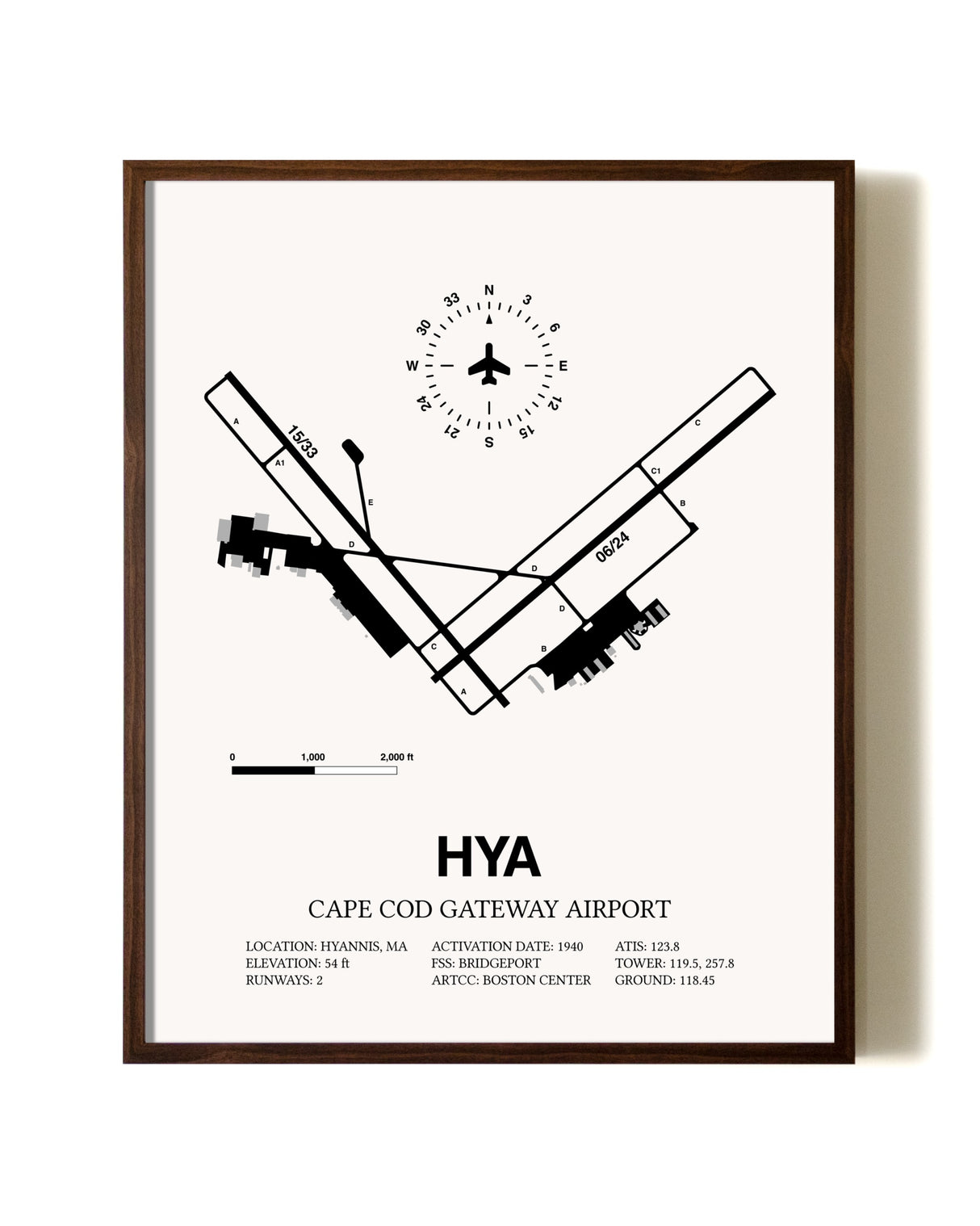 Cape Cod Gateway Airport aviation print in walnut frame