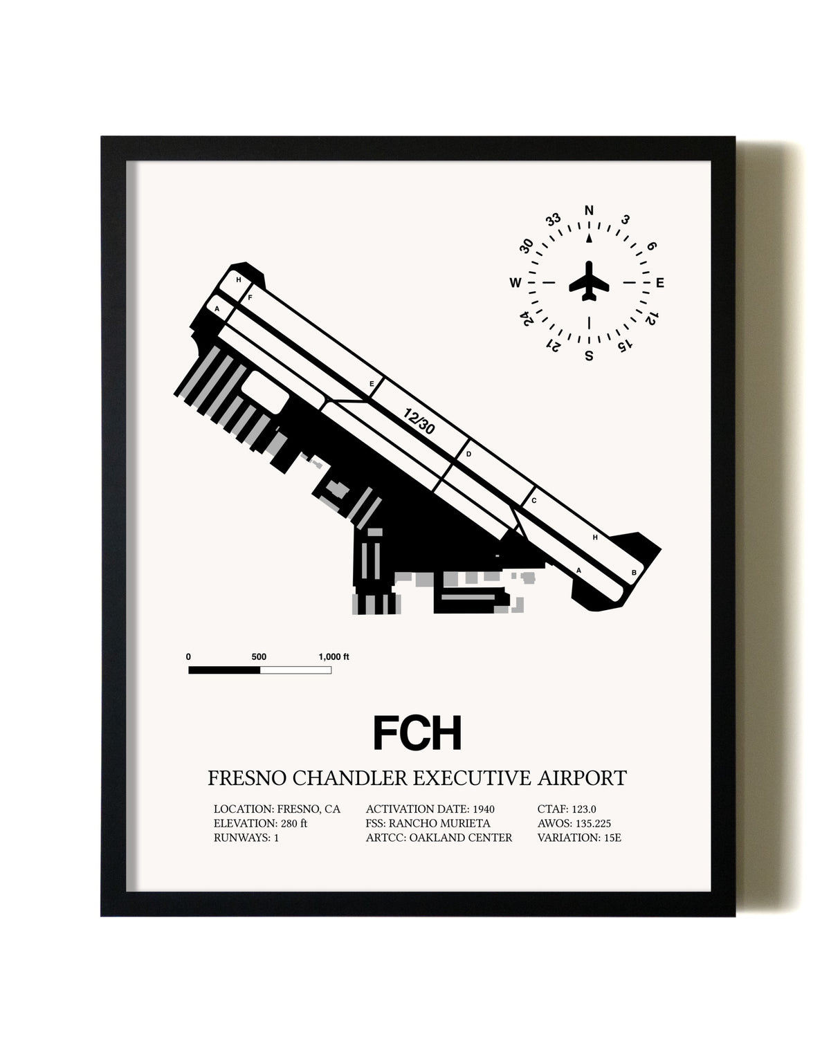 Framed Fresno Chandler Executive Airport wall art poster in black frame