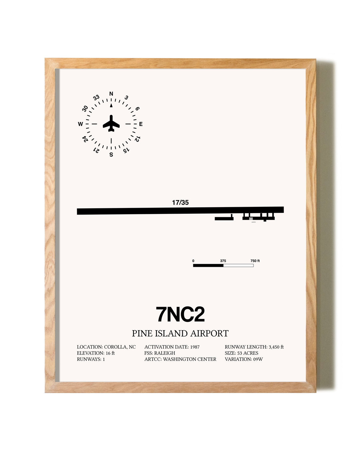 Pine Island Airport framed print in natural wood frame