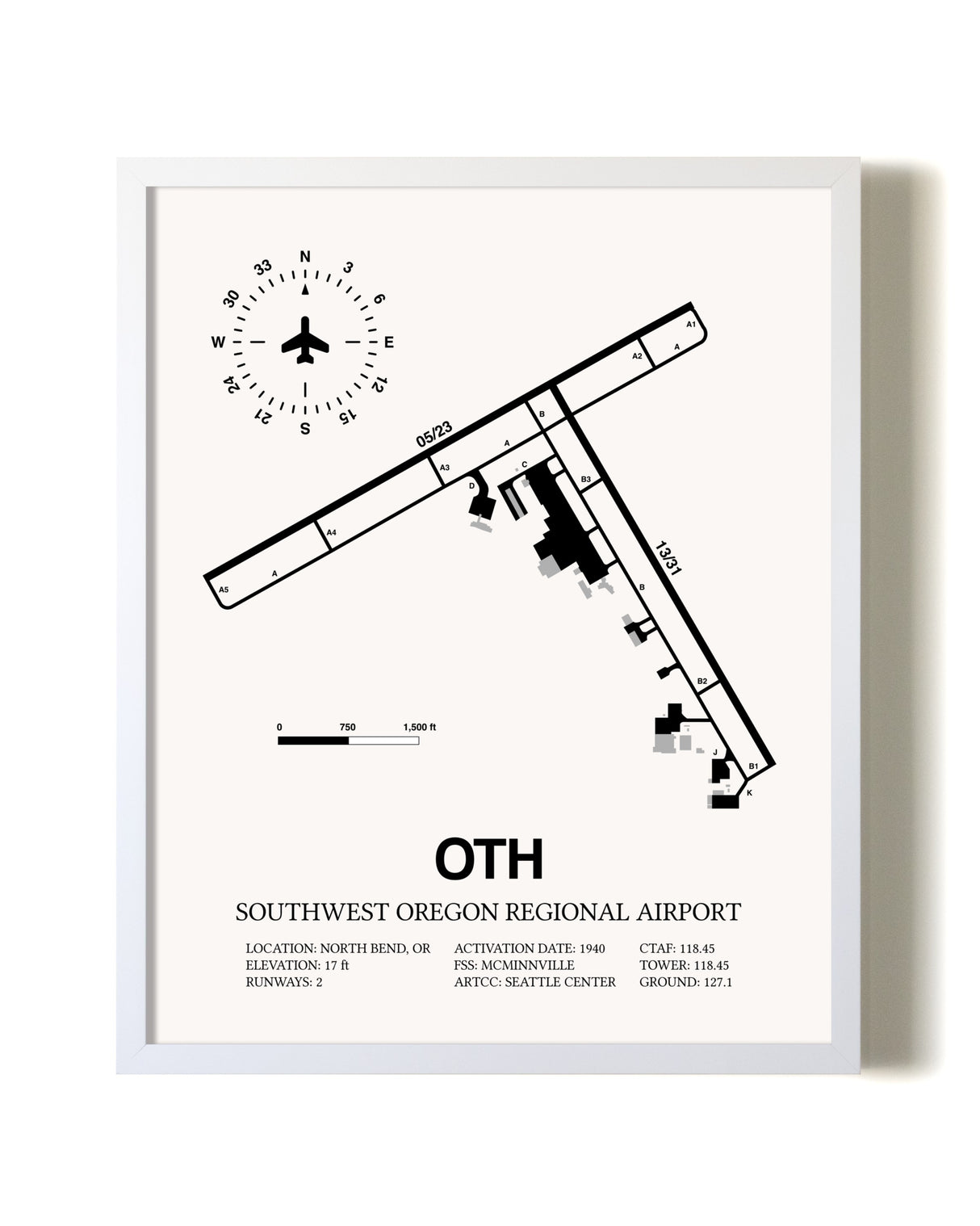Southwest Oregon Regional Airport airport map poster in oak frame
