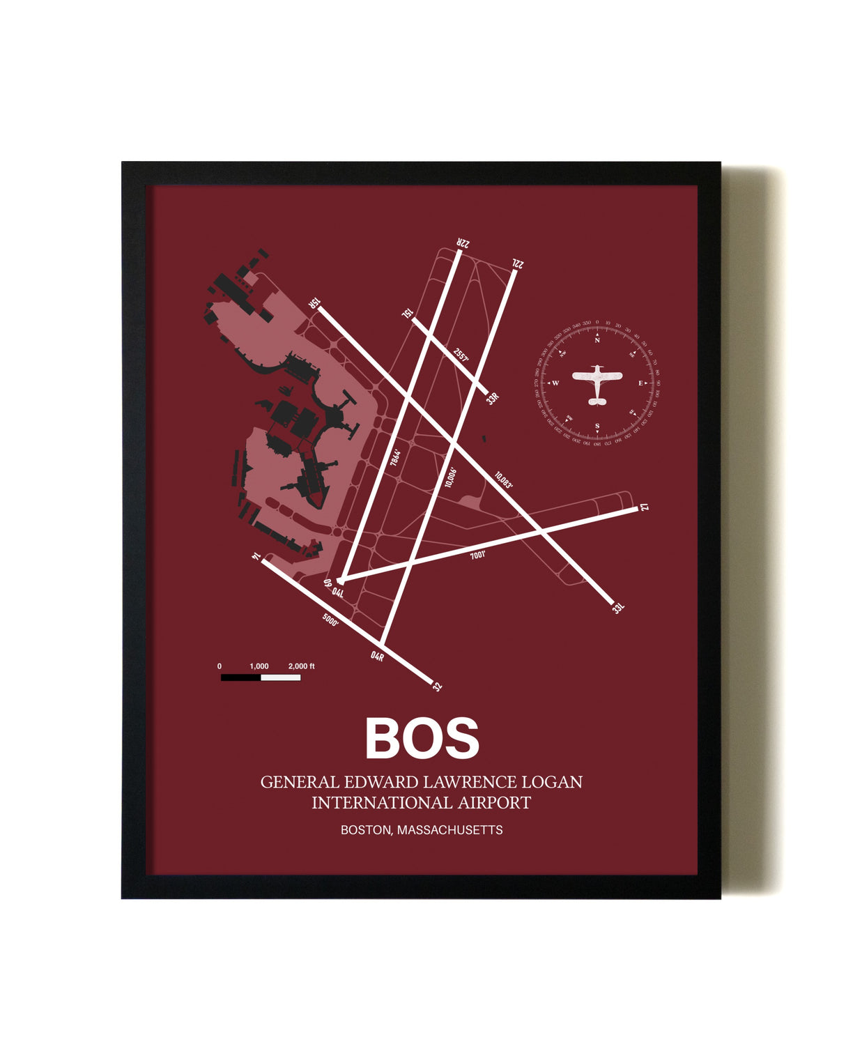 Red Framed Boston Logan International Airport wall art poster in black frame