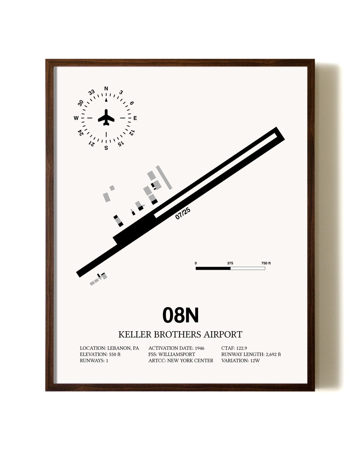 Keller Brothers Airport aviation print in walnut frame