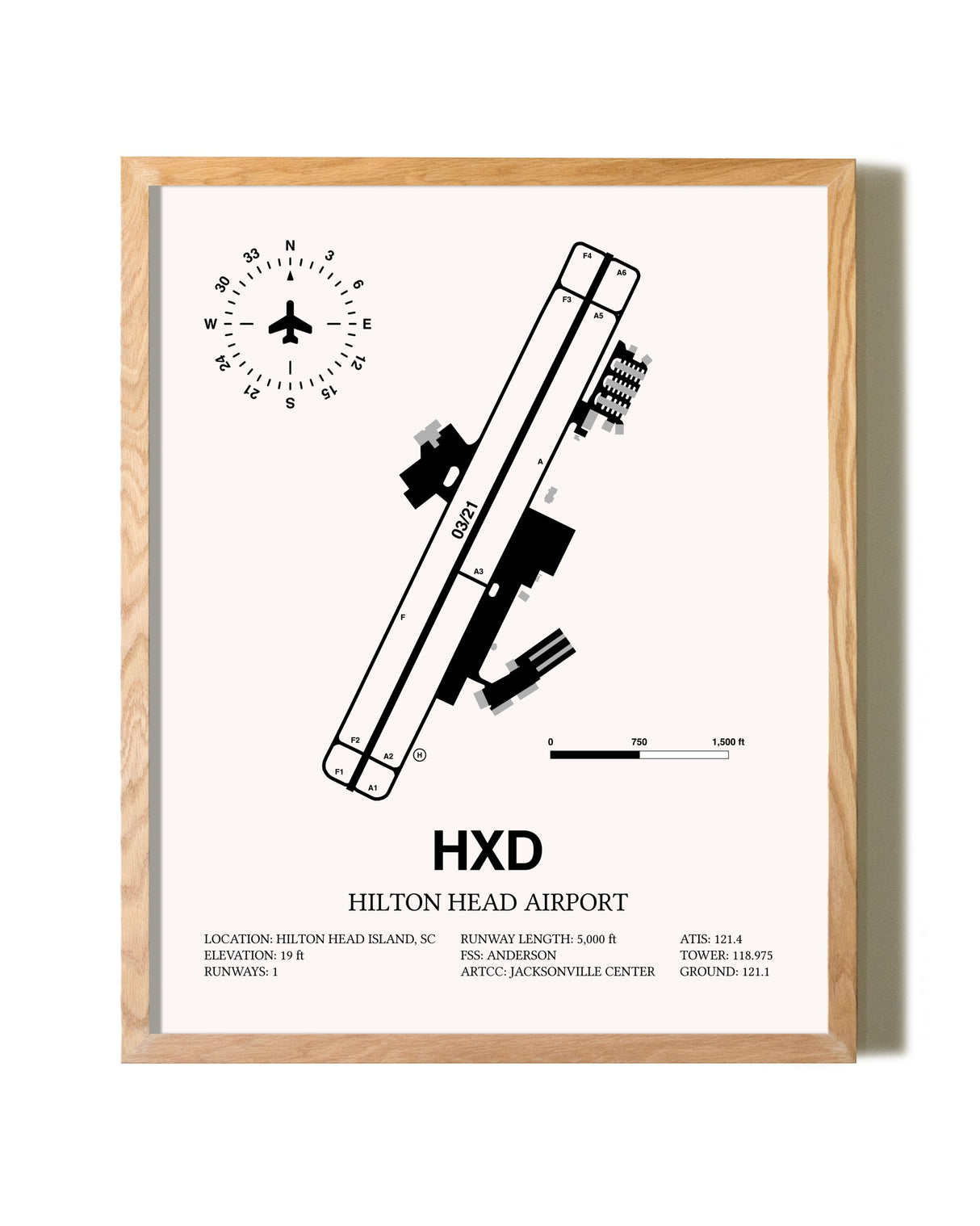 Hilton Head Airport framed print in natural wood frame