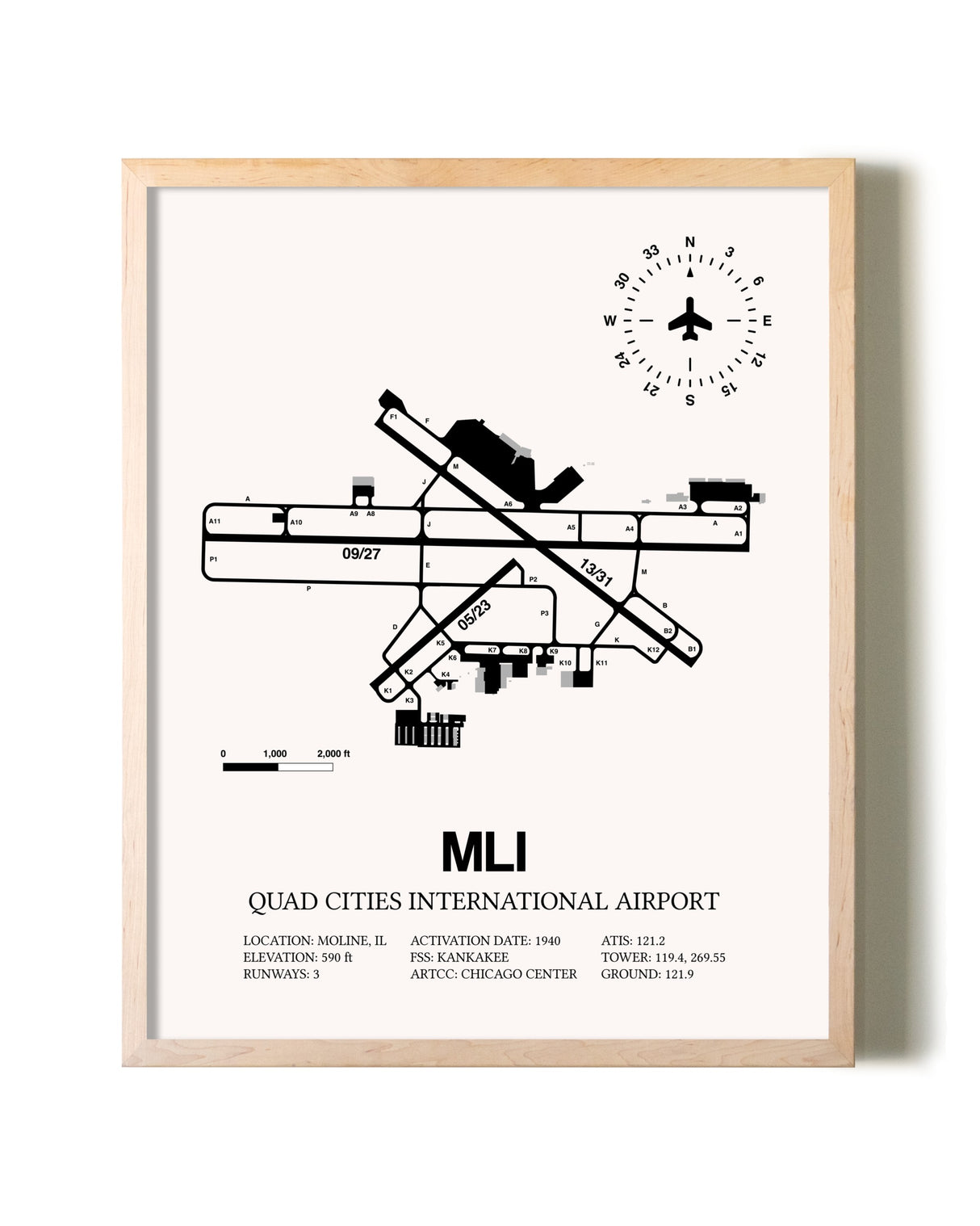 Quad Cities International Airport framed wall art in white frame
