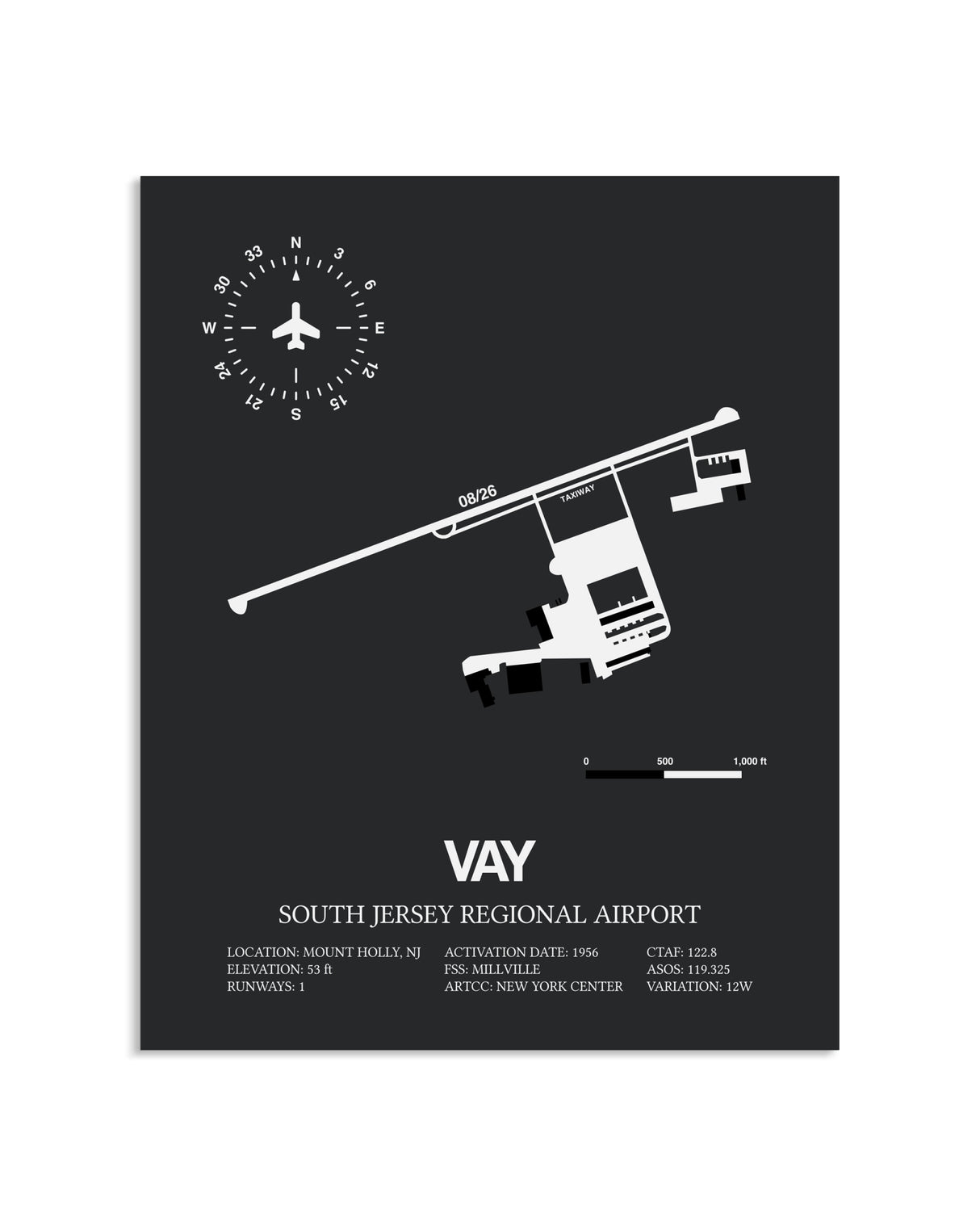 Gray Framed South Jersey Regional Airport layout wall art poster