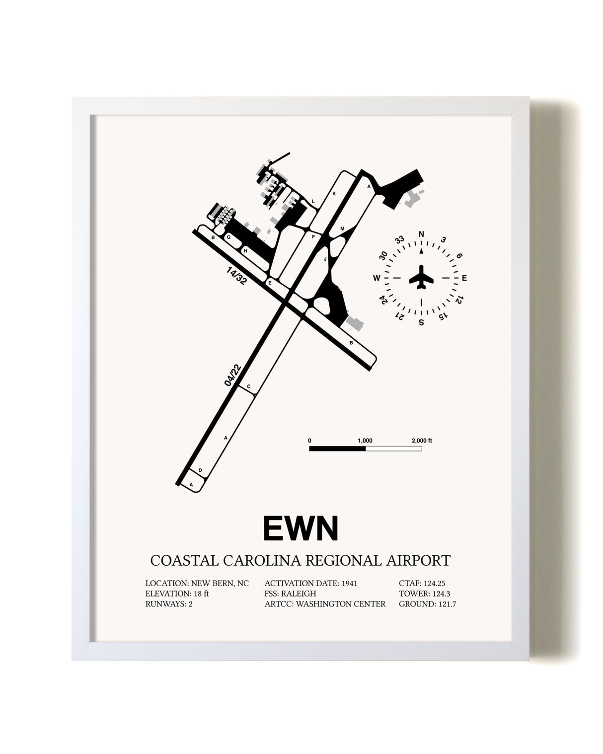 Coastal Carolina Regional Airport airport map poster in oak frame