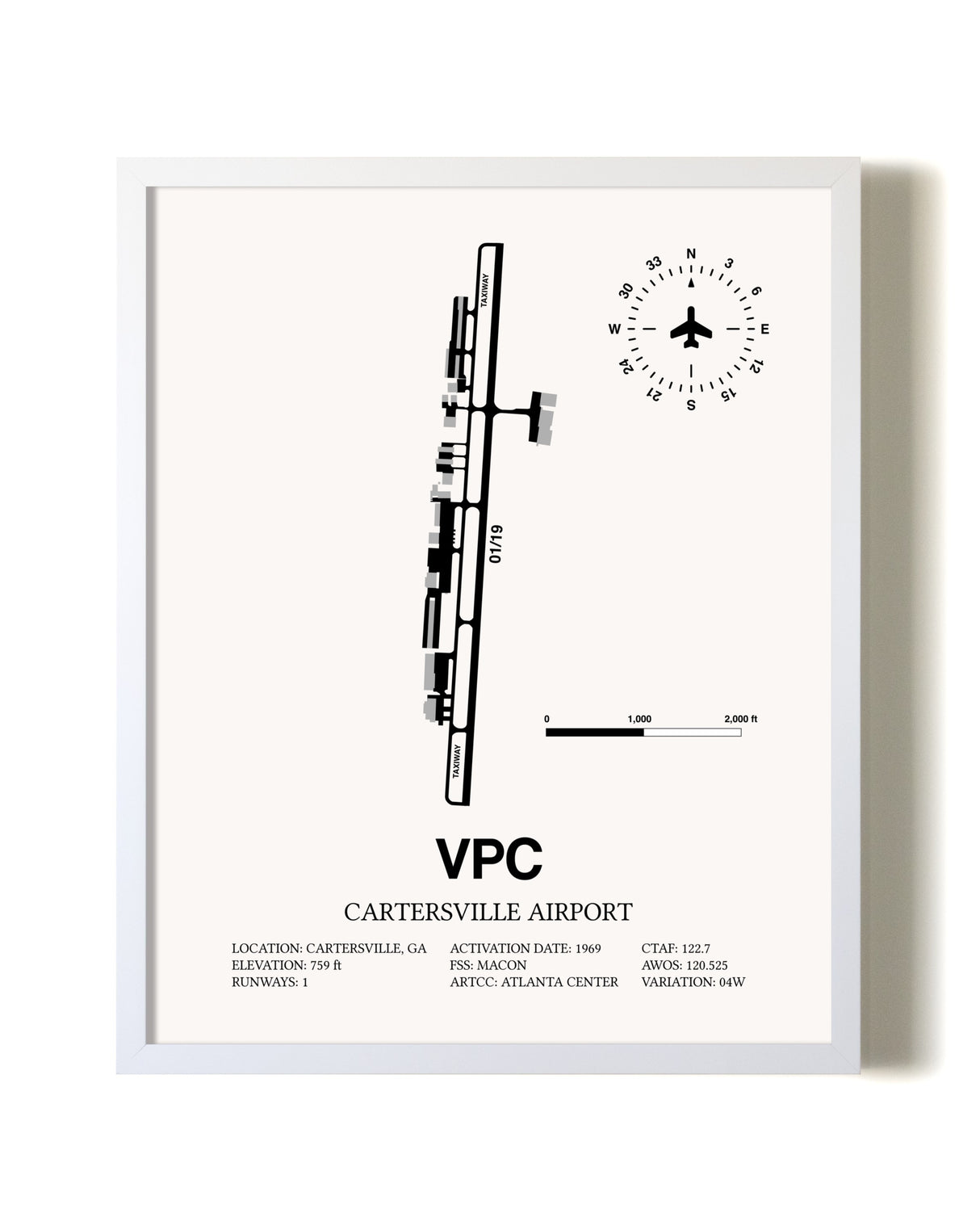 Cartersville Airport airport map poster in oak frame