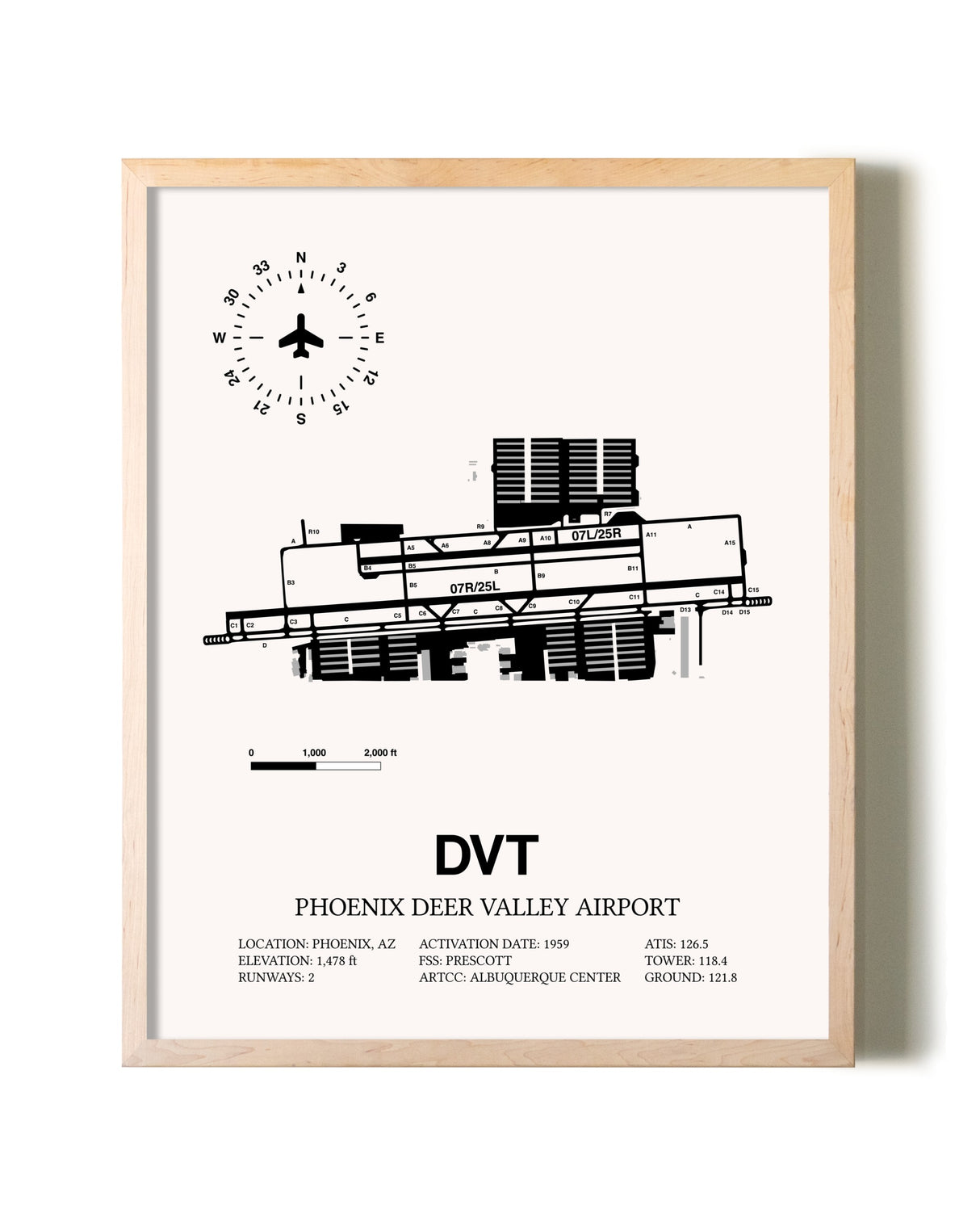 Phoenix Deer Valley Airport framed wall art in white frame