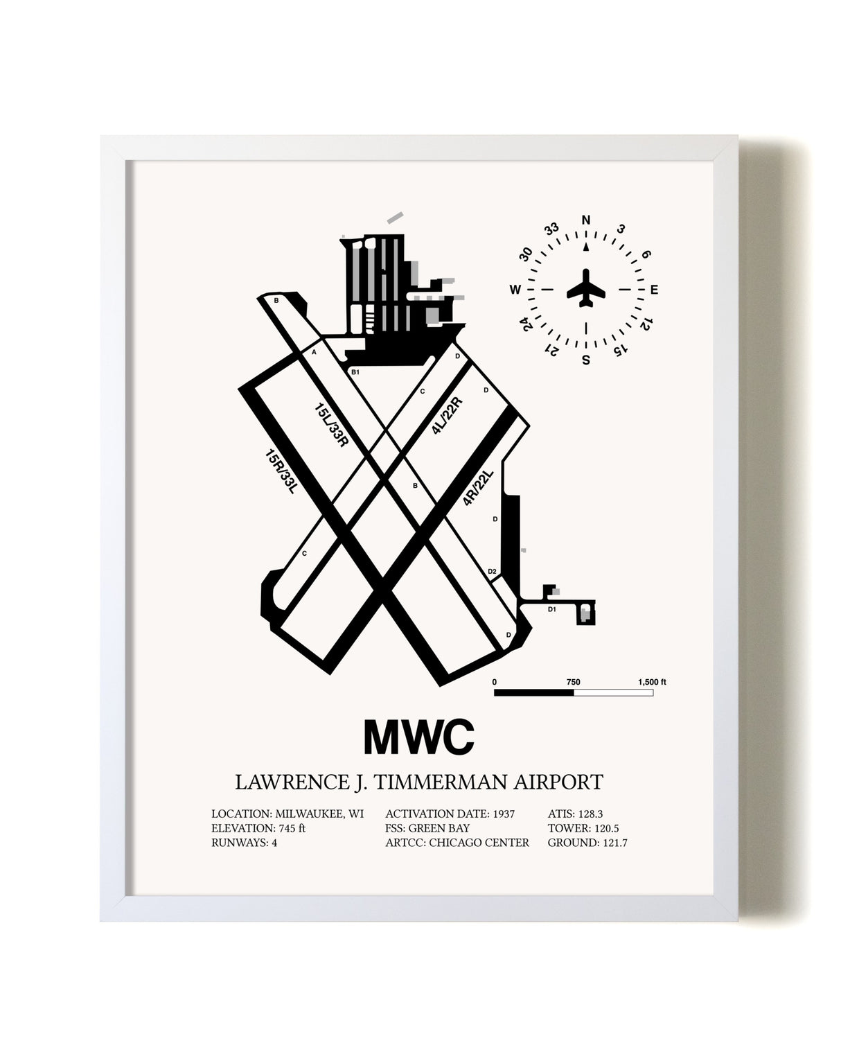 Lawrence J. Timmerman Airport airport map poster in oak frame