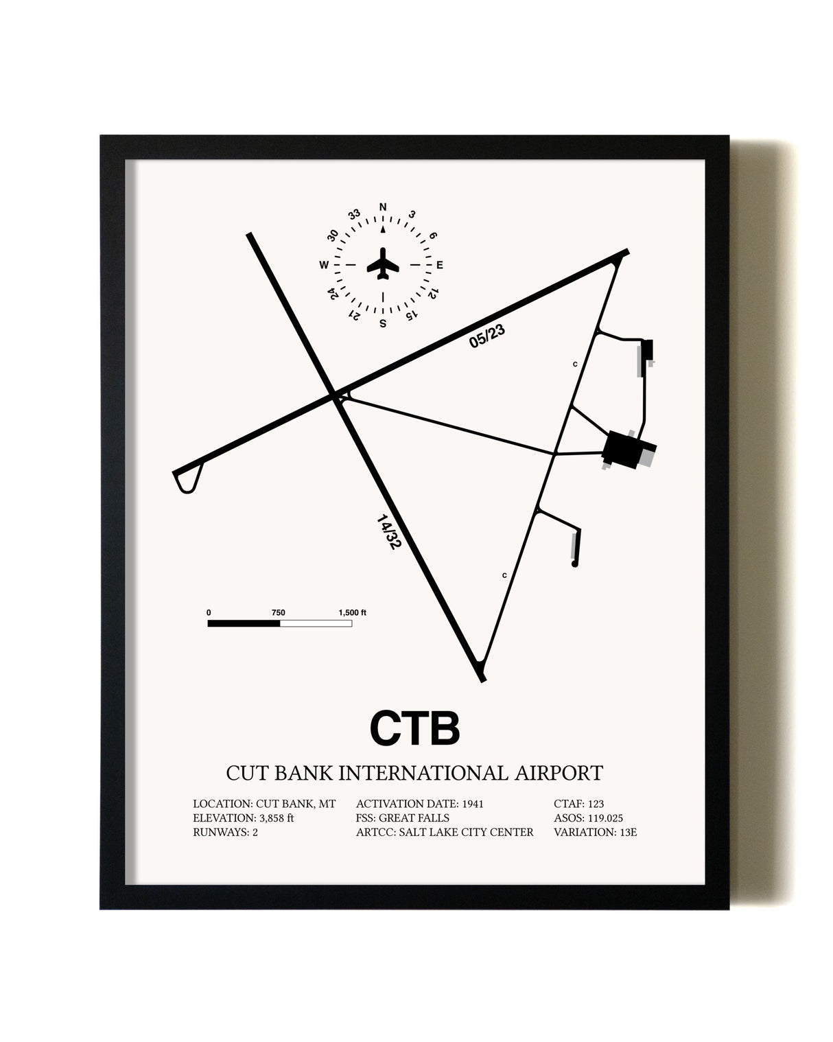 Framed Cut Bank International Airport wall art poster in black frame