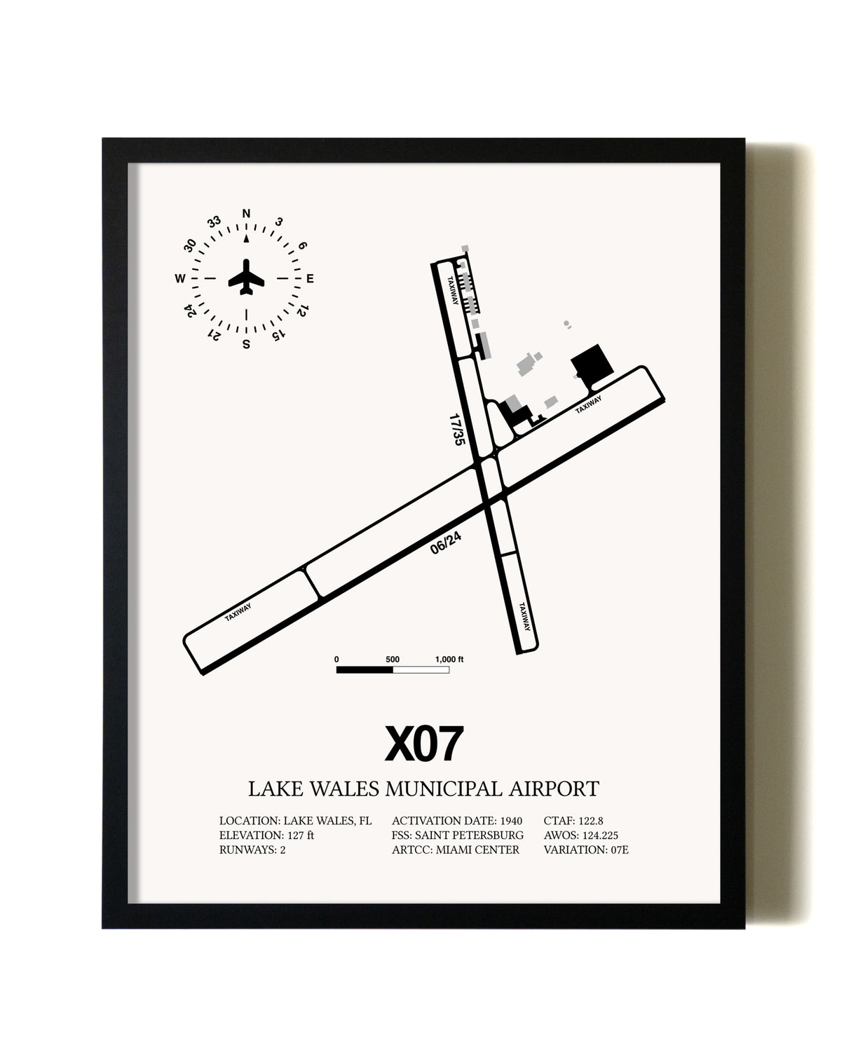 Framed Lake Wales Municipal Airport wall art poster in black frame
