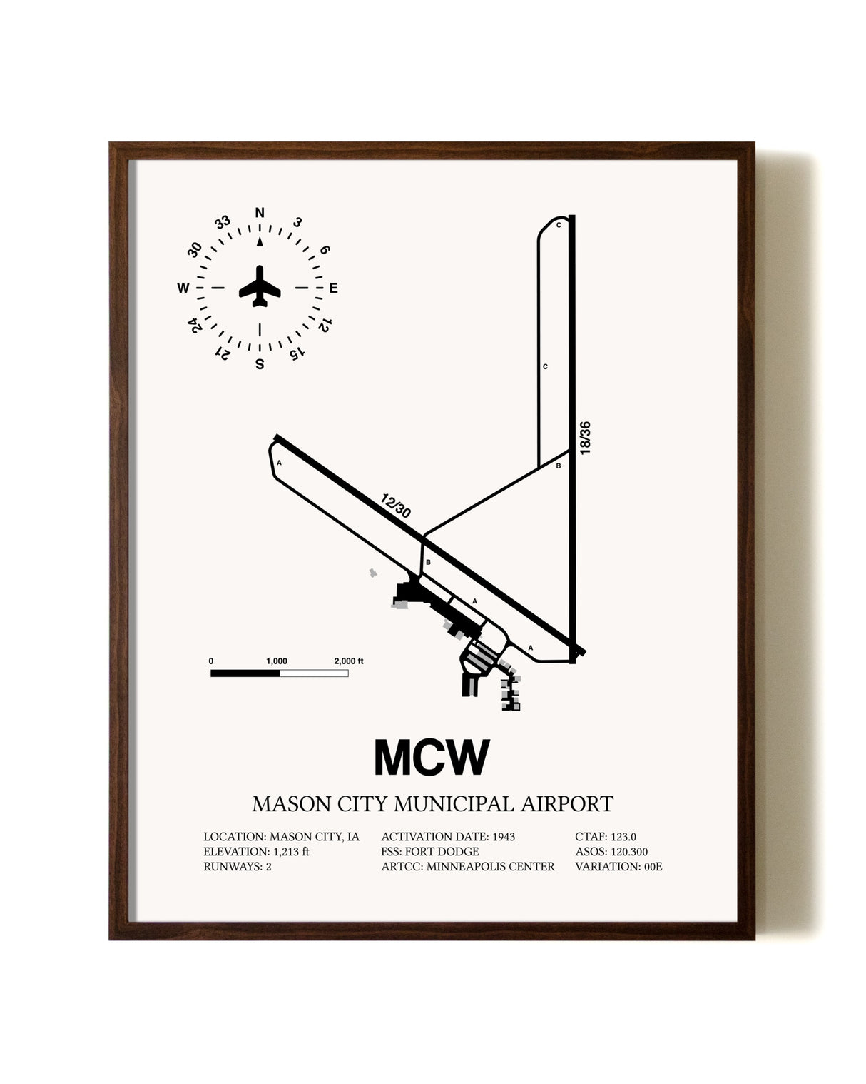 Mason City Municipal Airport aviation print in walnut frame