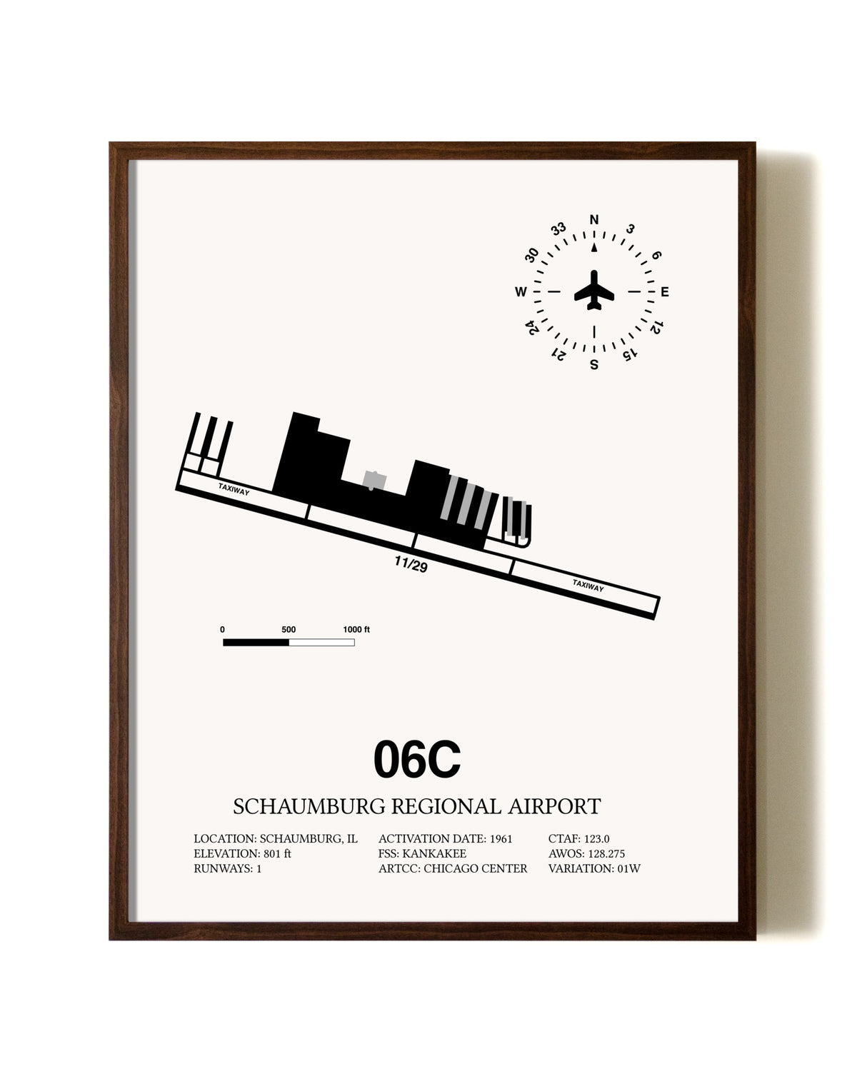 Schaumburg Regional Airport aviation print in walnut frame